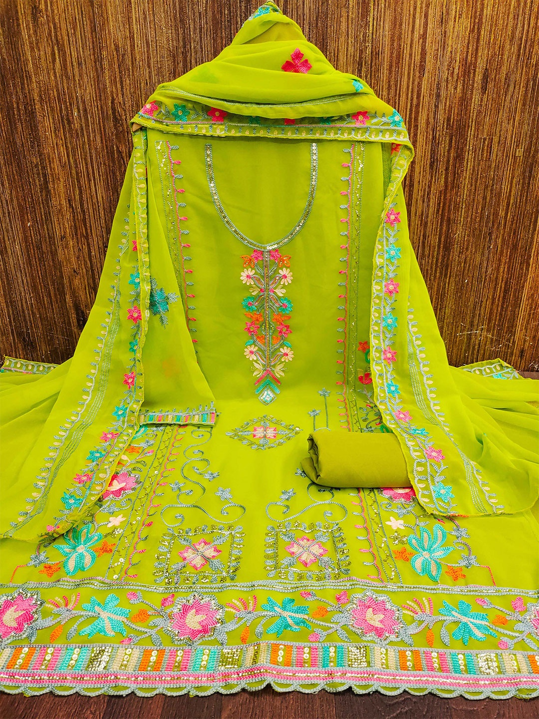 

KALINI Ethnic Motifs Embroidered Silk Georgette Unstitched Dress Material, Green
