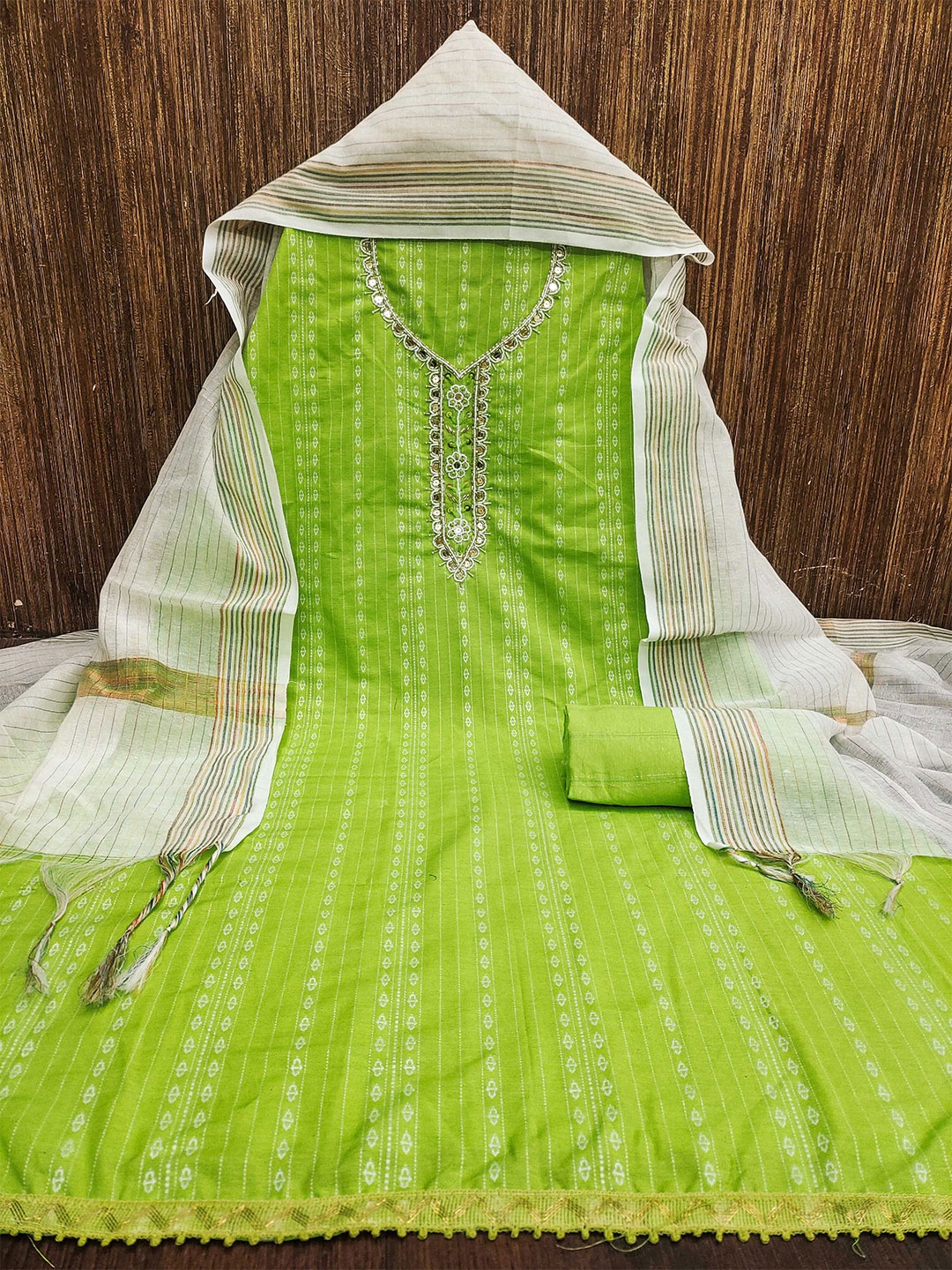 

KALINI Ethnic Motifs Embellished Beads and Stones Unstitched Dress Material, Green
