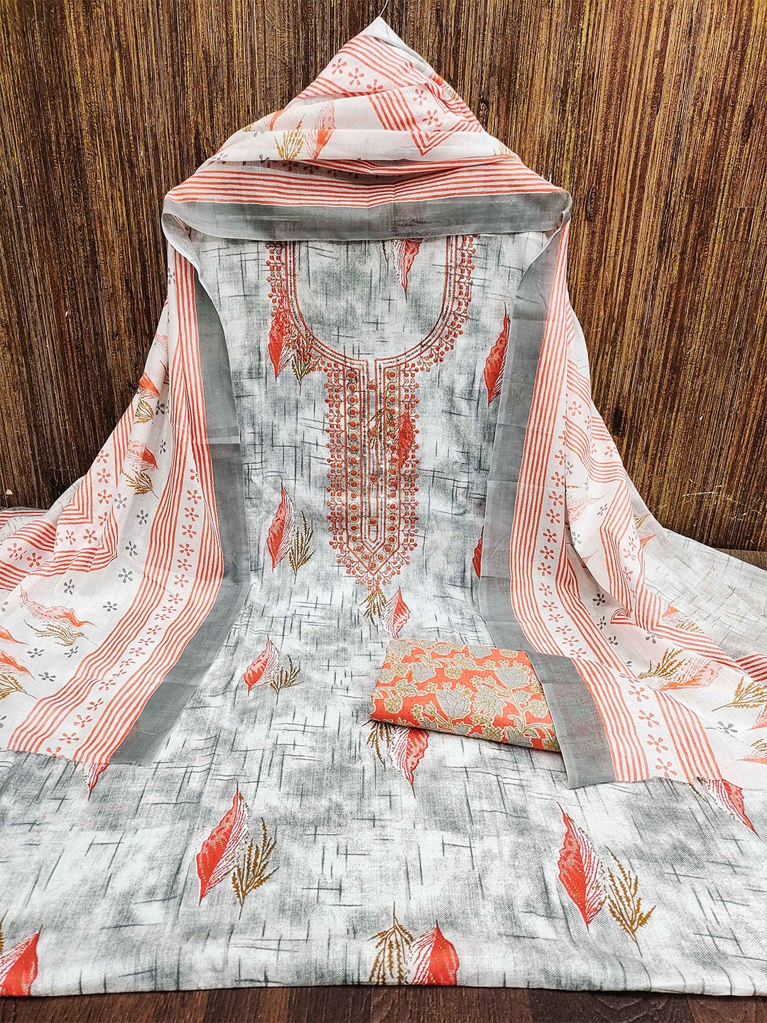 

KALINI Ethnic Motifs Printed Pure Cotton Unstitched Dress Material, White