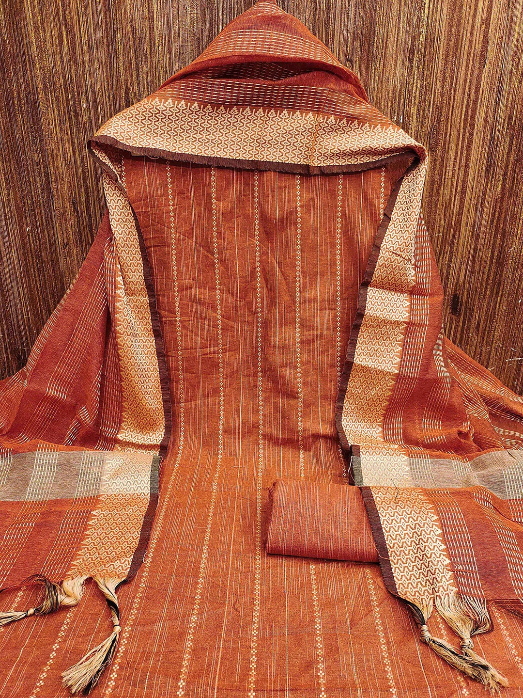 

KALINI Striped Woven Design Zari Unstitched Dress Material, Rust