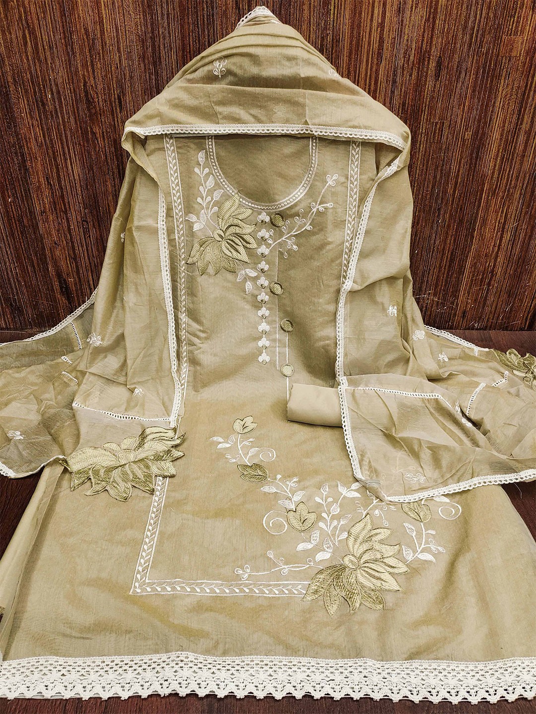 

KALINI Ethnic Motifs Embroidered Zari Unstitched Dress Material, Cream