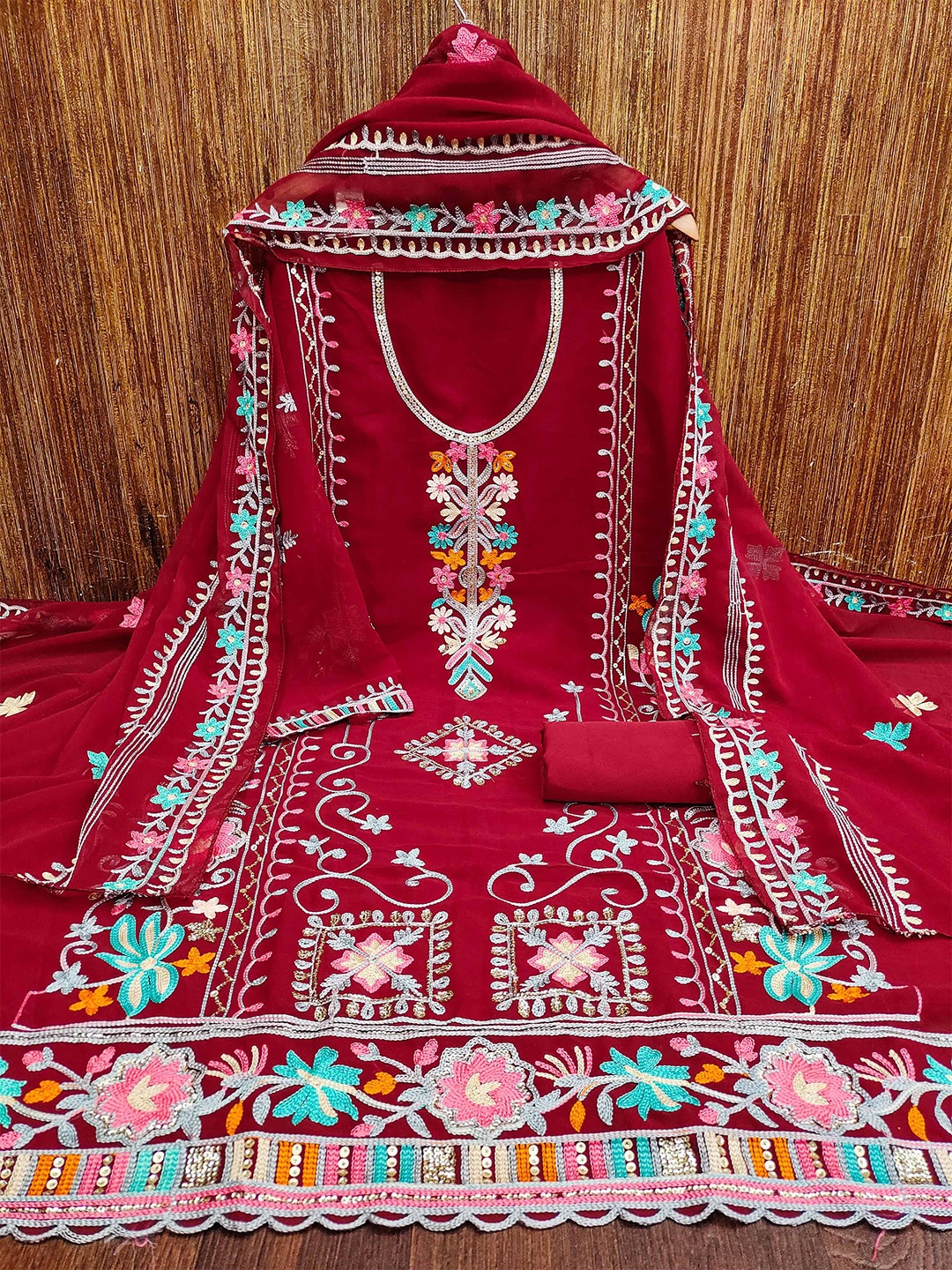 

KALINI Ethnic Motifs Embroidered Silk Georgette Unstitched Dress Material, Red
