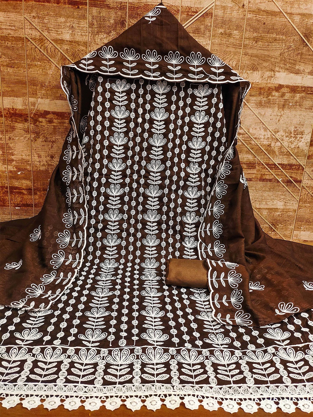 

KALINI Ethnic Motifs Embroidered Zari Unstitched Dress Material, Brown