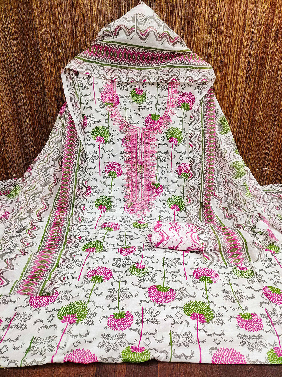 

KALINI Printed Pure Cotton Unstitched Dress Material, White