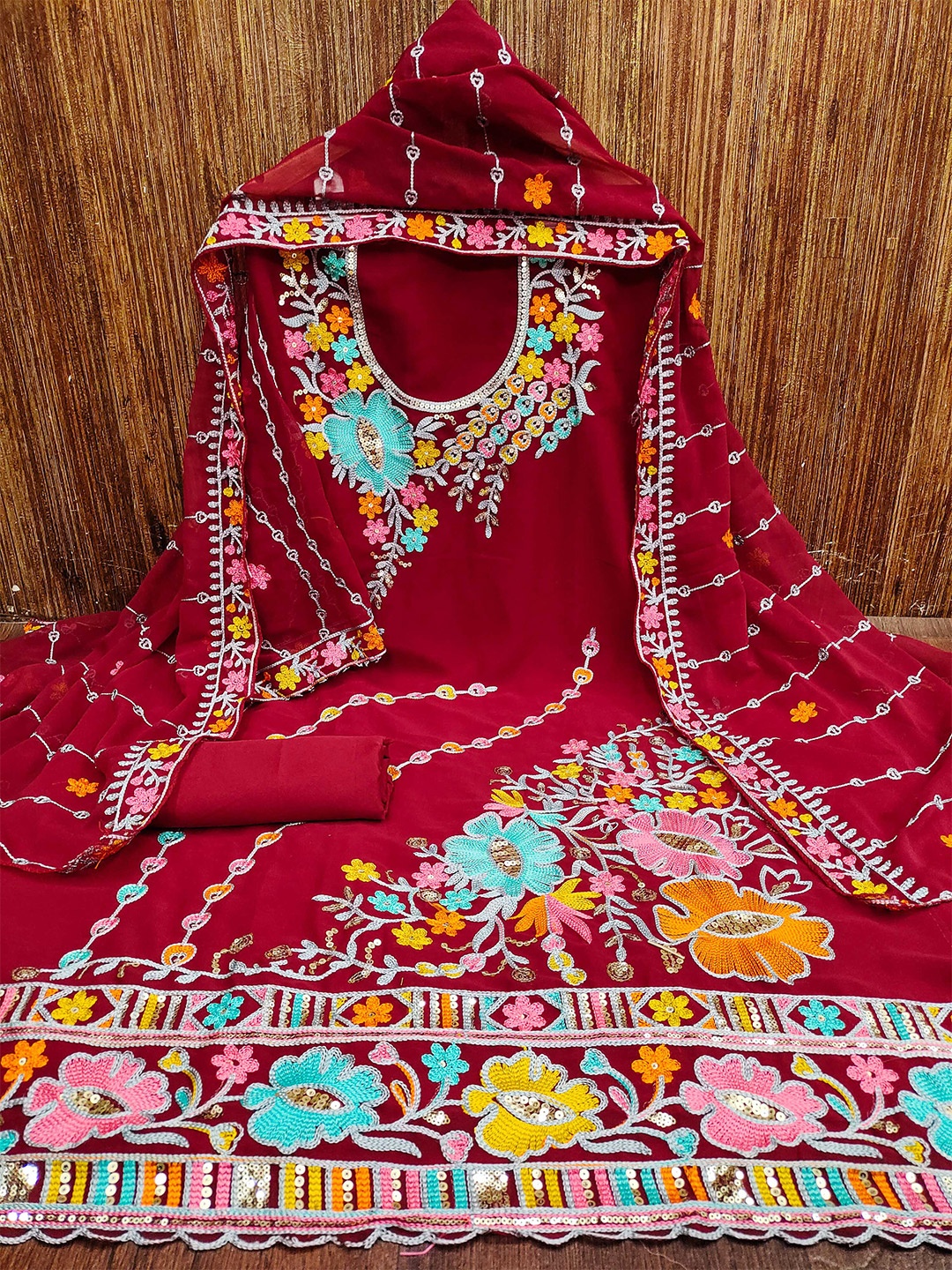 

KALINI Ethnic Motifs Embroidered Silk Georgette Unstitched Dress Material, Red