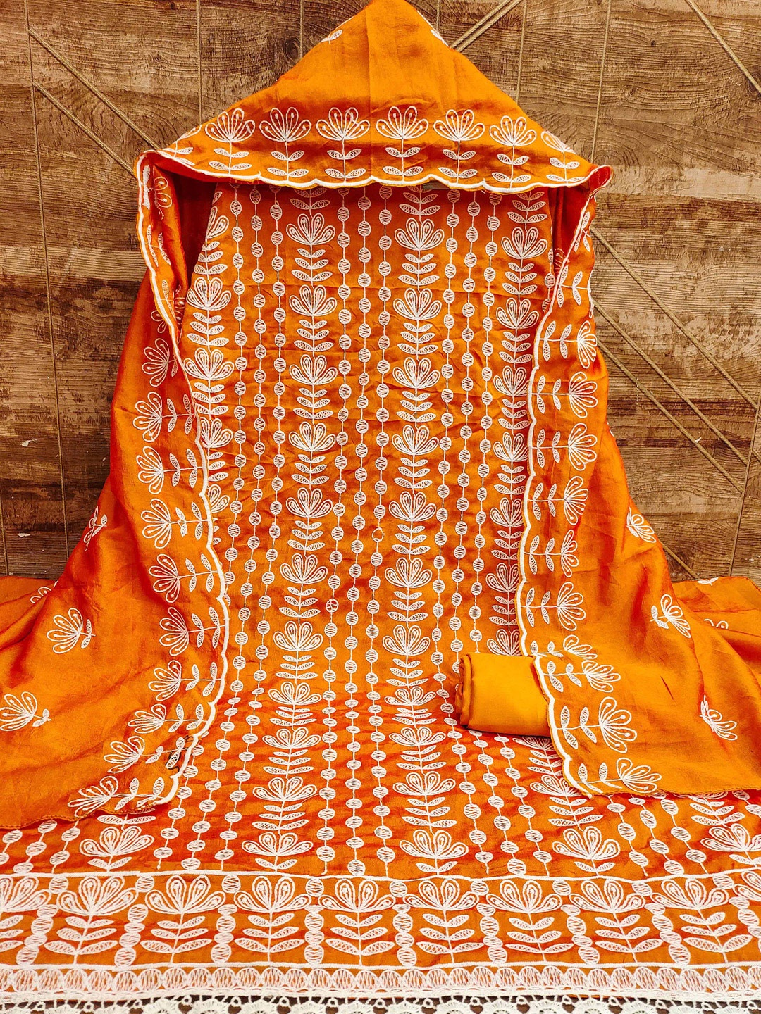 

KALINI Ethnic Motifs Embroidered Zari Unstitched Dress Material, Orange