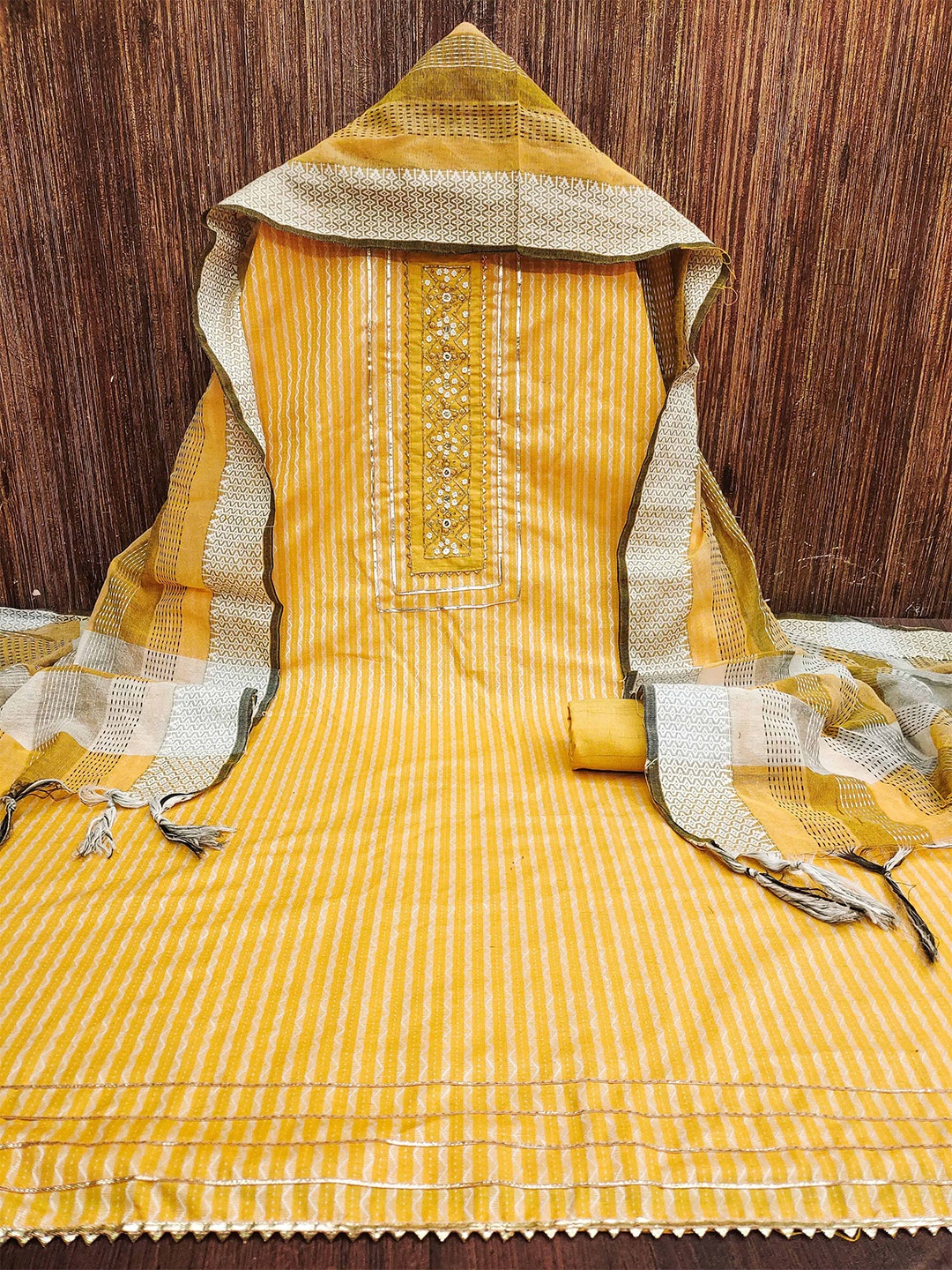 

KALINI Ethnic Motifs Embellished Beads and Stones Unstitched Dress Material, Yellow