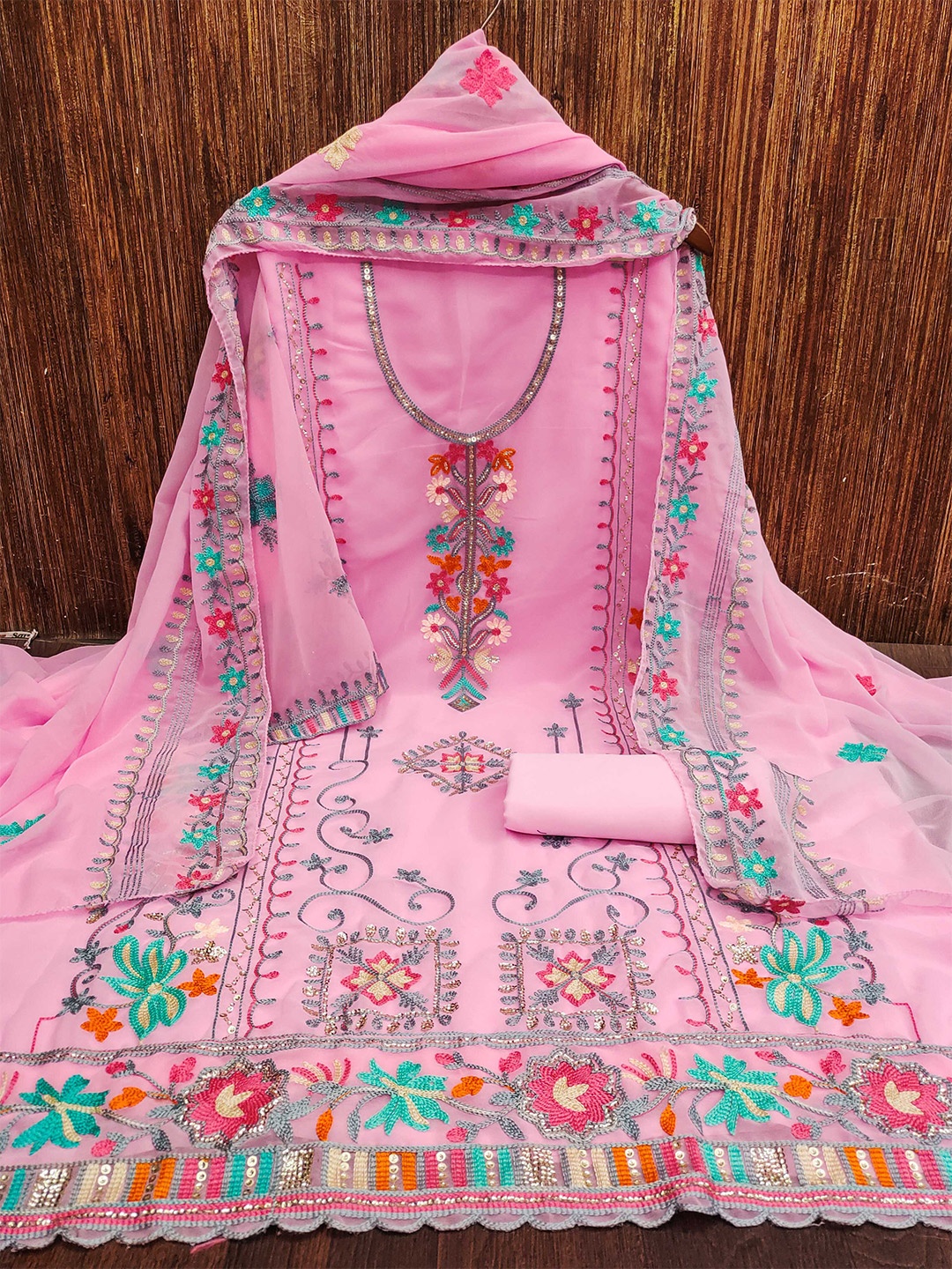 

KALINI Ethnic Motifs Embroidered Silk Georgette Unstitched Dress Material, Pink