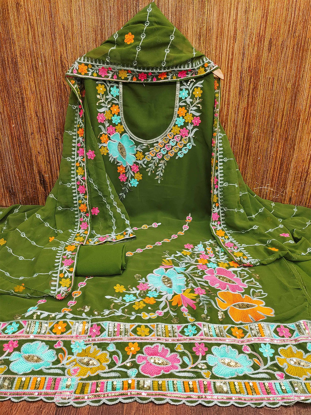 

KALINI Ethnic Motifs Embroidered Silk Georgette Sequinned Unstitched Dress Material, Olive