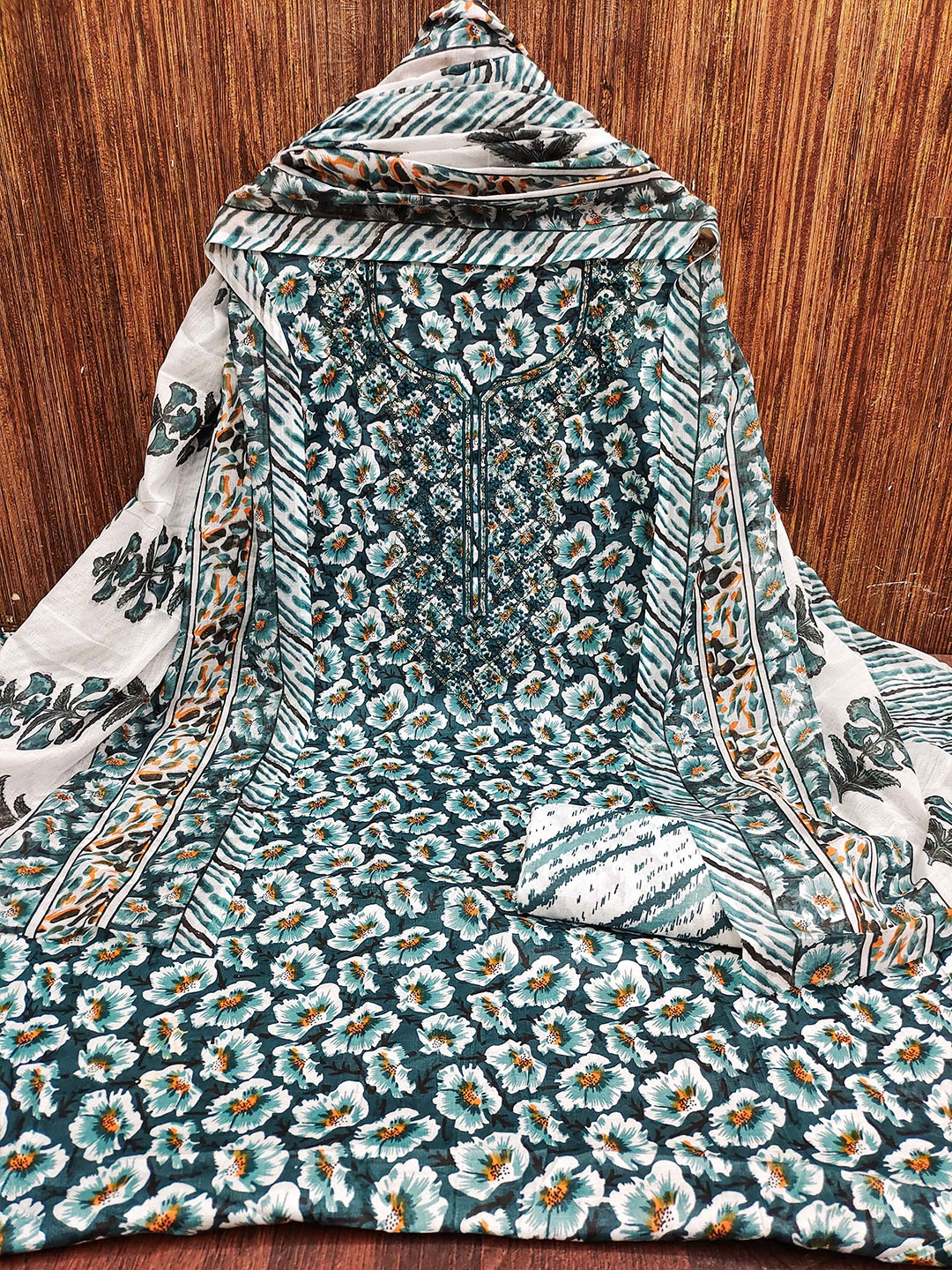 

KALINI Ethnic Motifs Printed Pure Cotton Sequinned Unstitched Dress Material, White