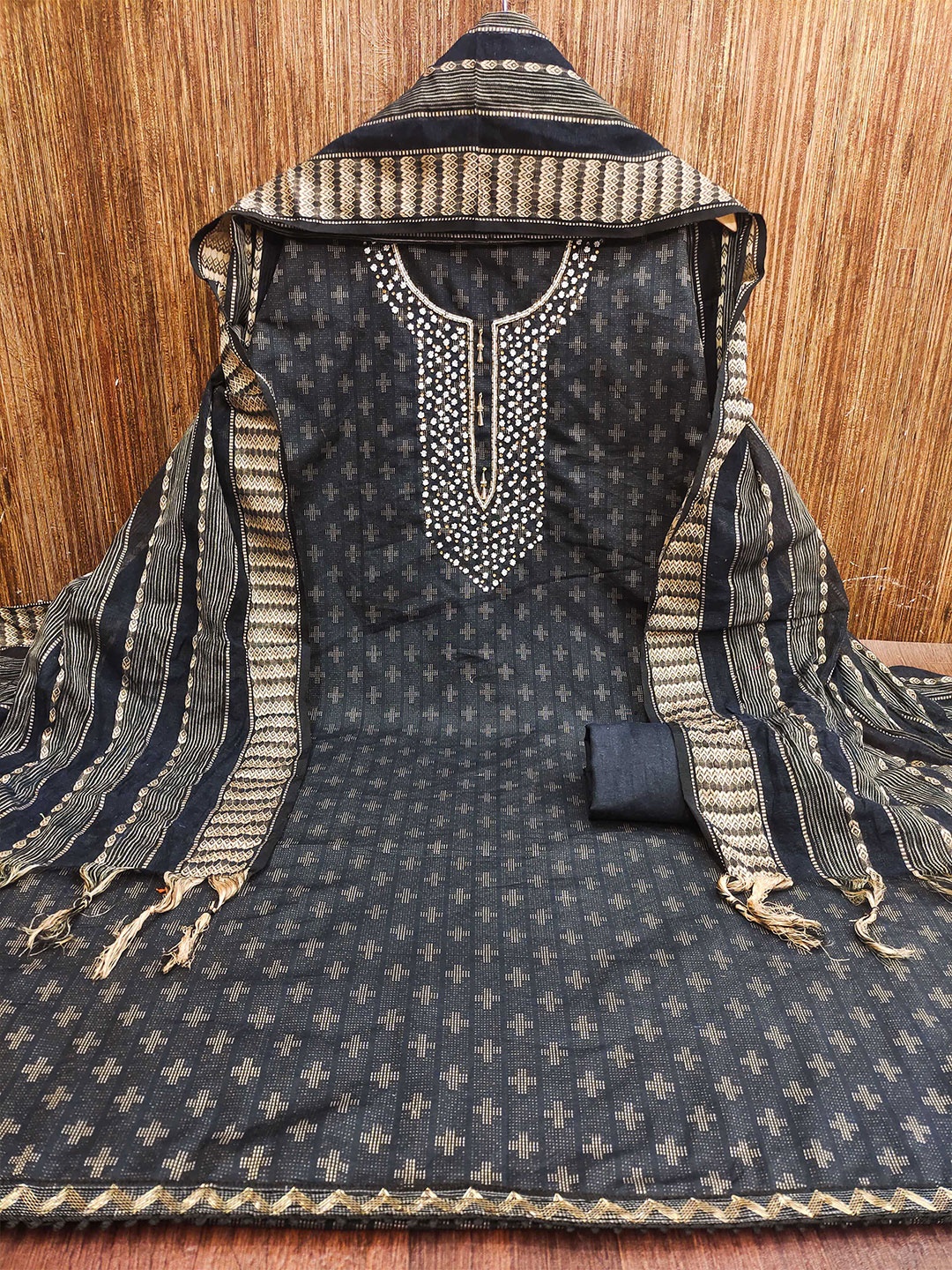 

KALINI Ethnic Motifs Embellished Beads and Stones Unstitched Dress Material, Black