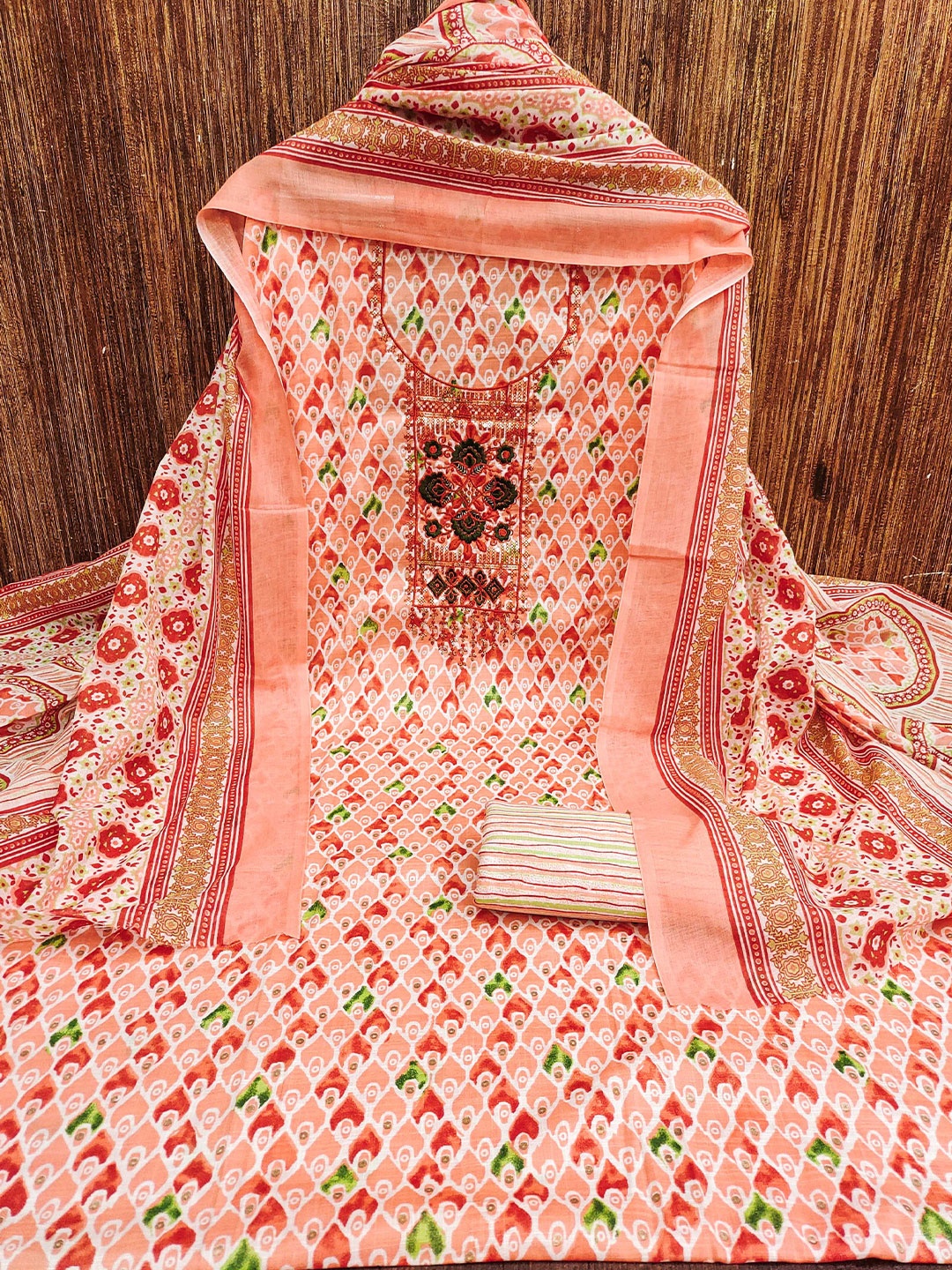 

KALINI Ethnic Motifs Printed Pure Cotton Unstitched Dress Material, Peach