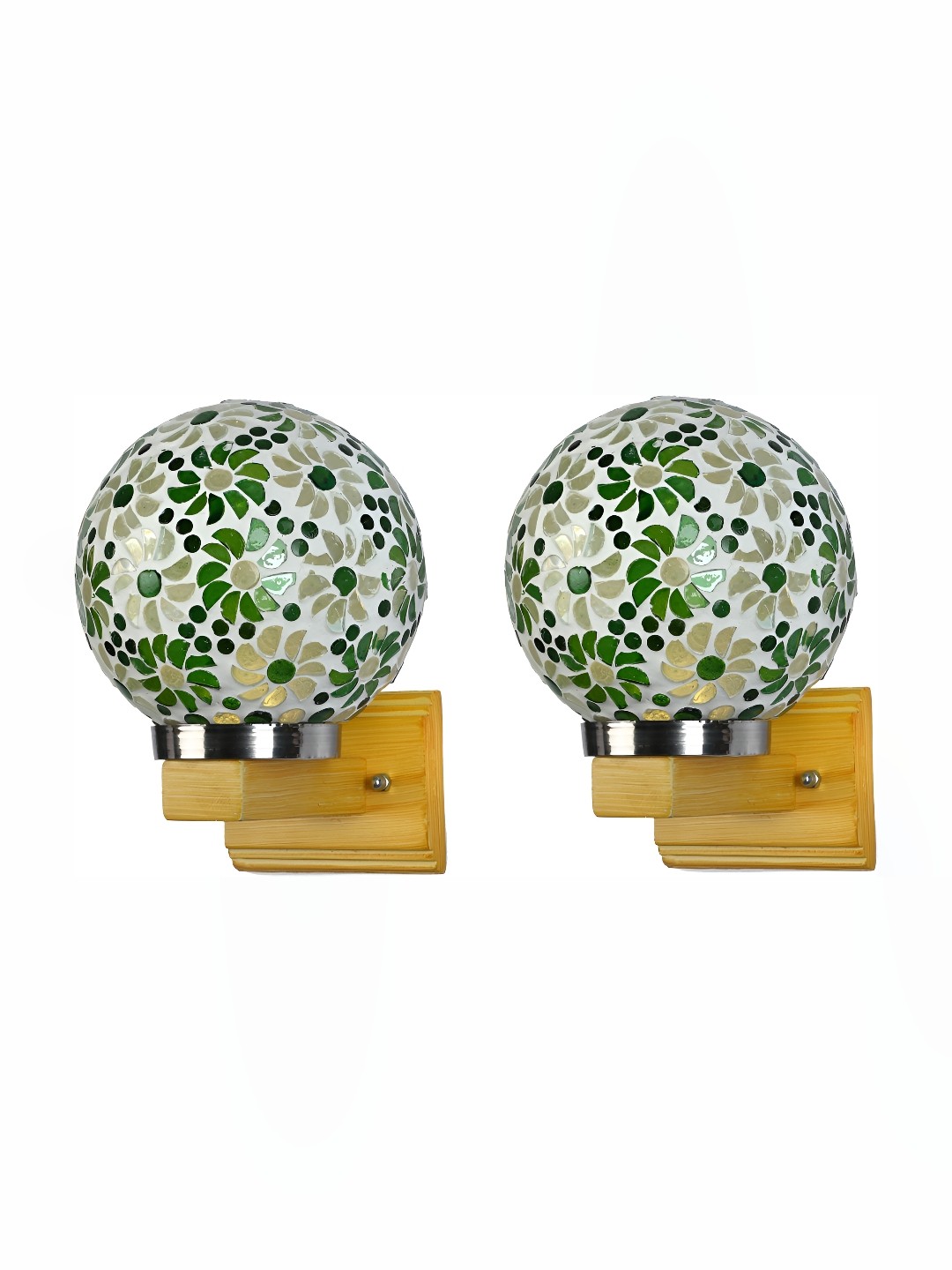 

1ST TIME Green & White 2 Pcs Textured Glass Traditional Spherical Shaped Wall Lamps