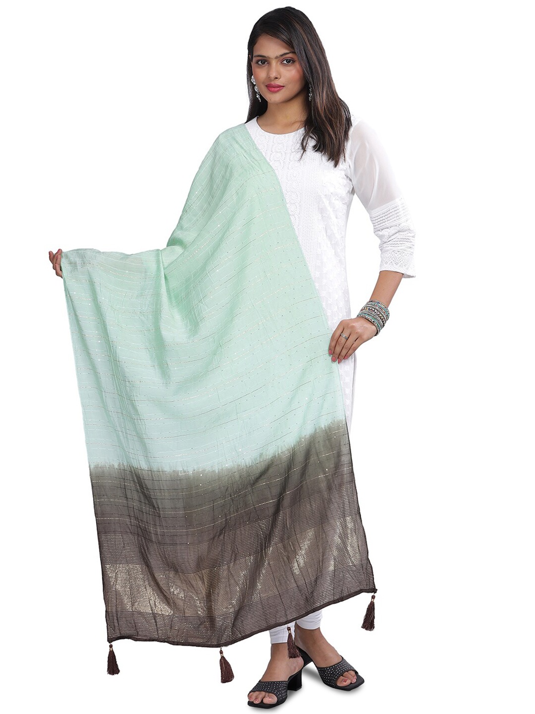 

Aanys Culture Striped Cotton Silk Dupatta with Zari, Green