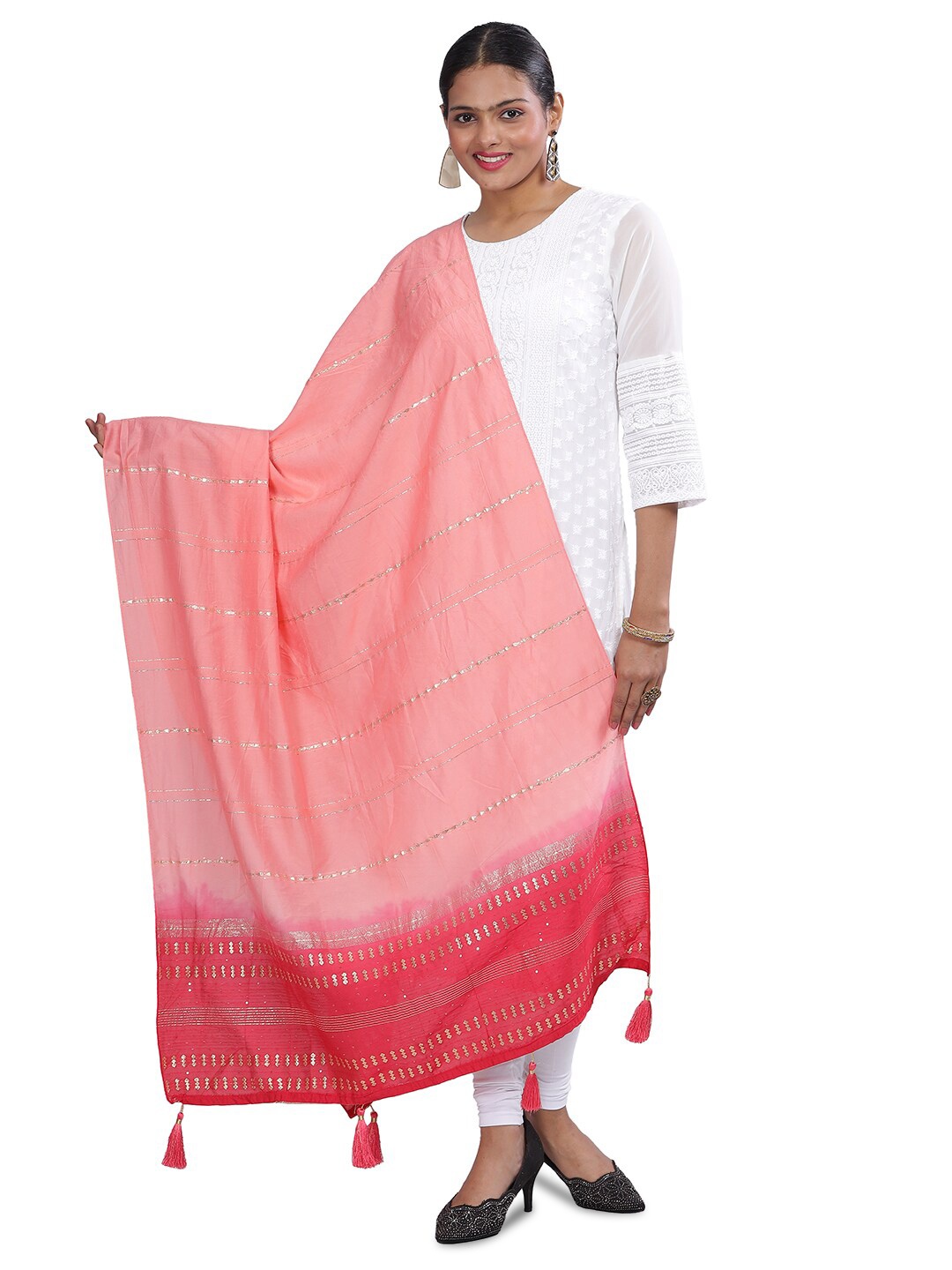 

Aanys Culture Striped Zari Detailed Cotton Silk Chanderi Dupatta, Pink