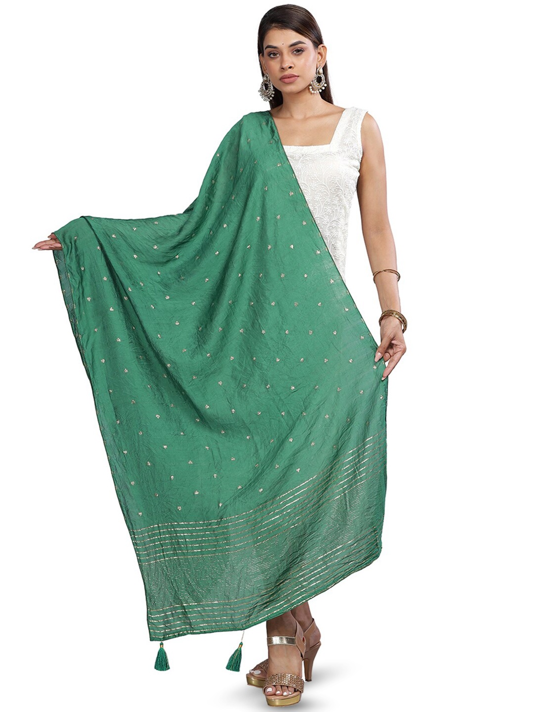 

Aanys Culture Geometric Woven Design Cotton Silk Dupatta with Zari, Green