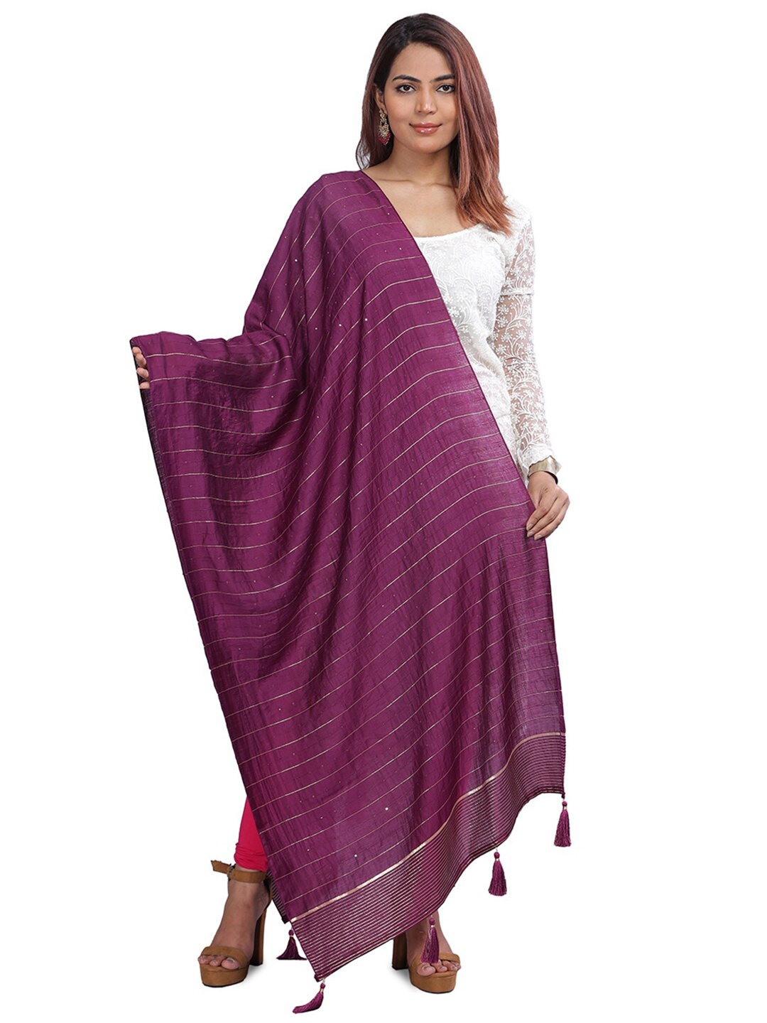 

Aanys Culture Striped Zari Cotton Silk Chanderi Tasseled Dupatta, Purple
