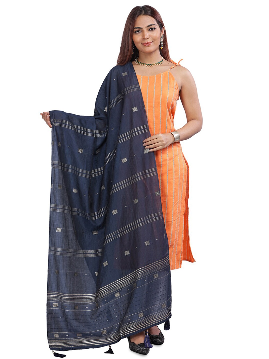 

Aanys Culture Woven Design Cotton Silk Dupatta with Zari, Navy blue