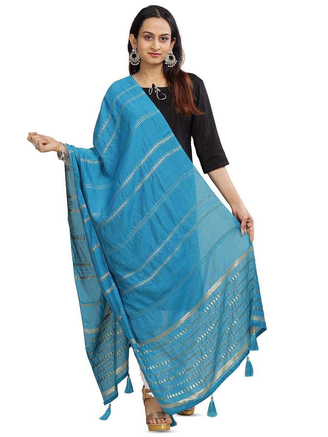 

Aanys Culture Striped Cotton Silk Dupatta with Zari, Blue