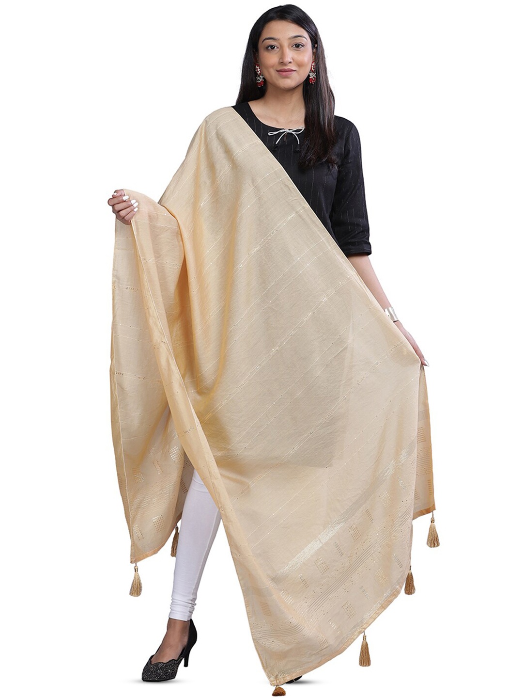 

Aanys Culture Striped Zari Dupatta, Cream