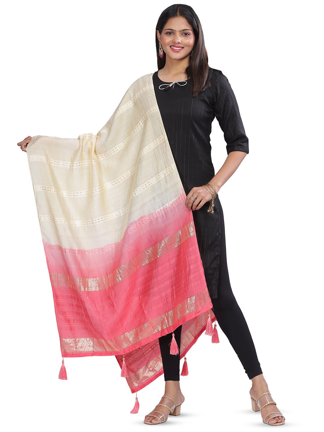 

Aanys Culture Striped Zari Cotton Silk Dupatta, Pink