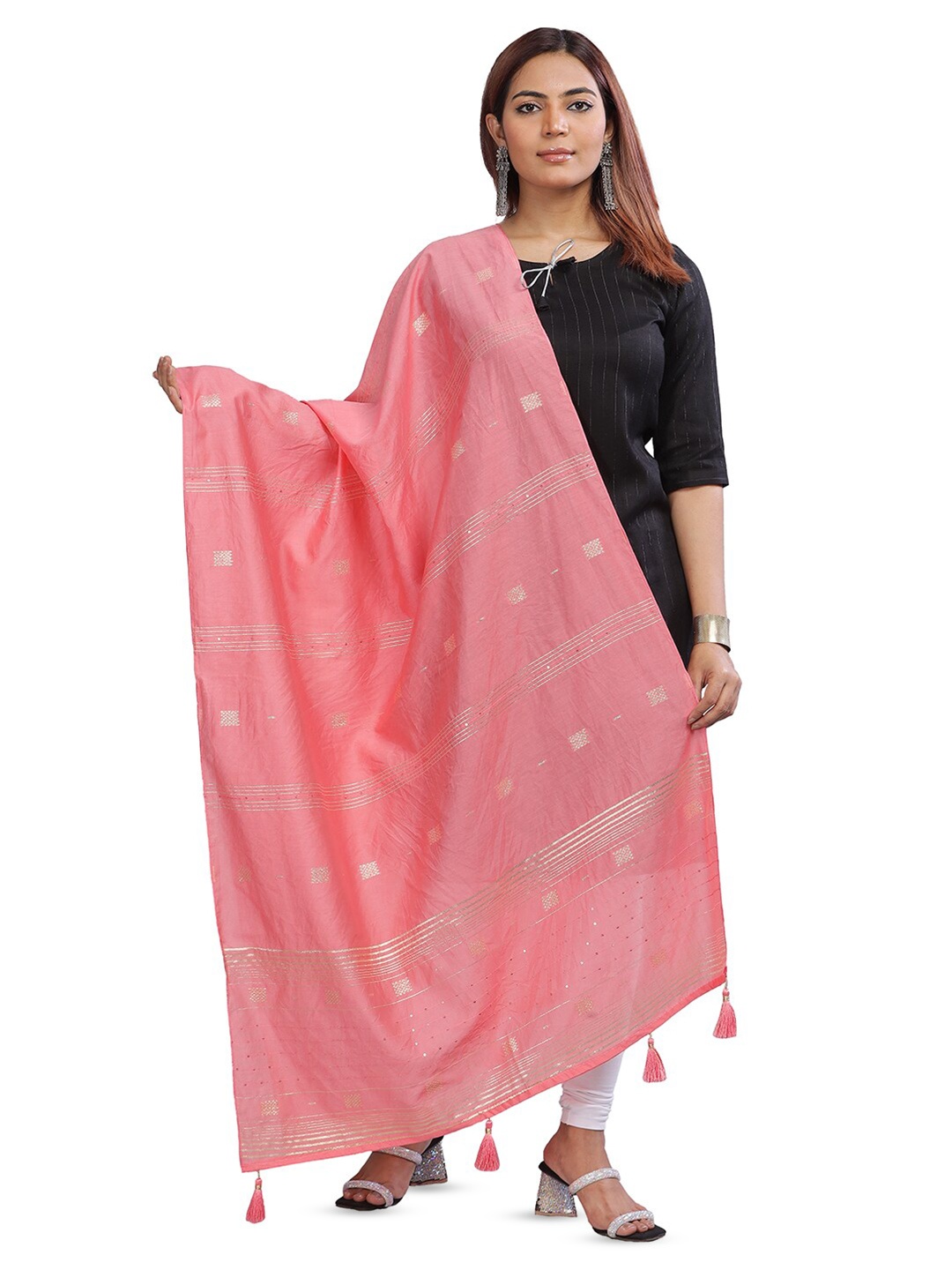 

Aanys Culture Ethnic Motifs Woven Design Zari Detailed Cotton Silk Chanderi Dupatta, Pink