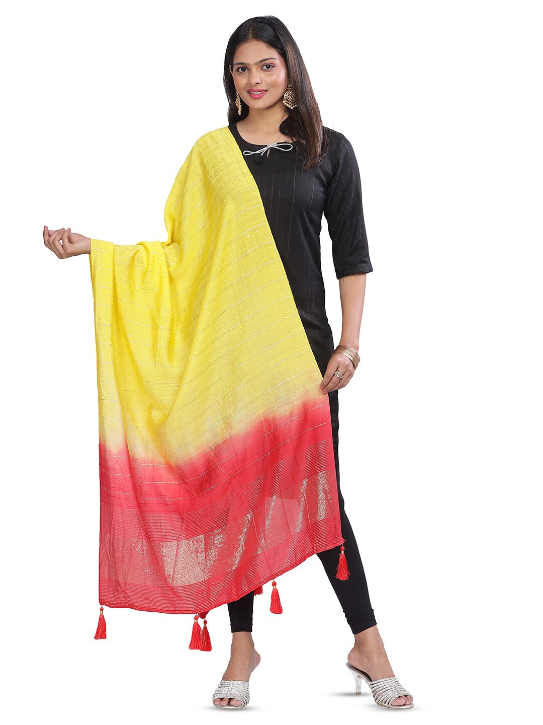 

Aanys Culture Striped Cotton Silk Zari Dupatta, Yellow