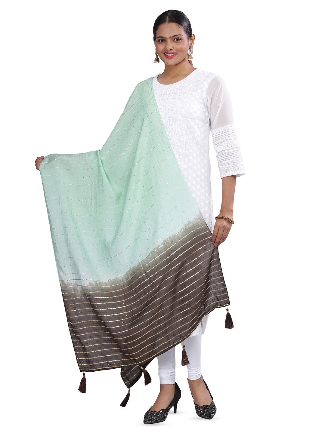 

Aanys Culture Striped Sequinned Dupatta, Green