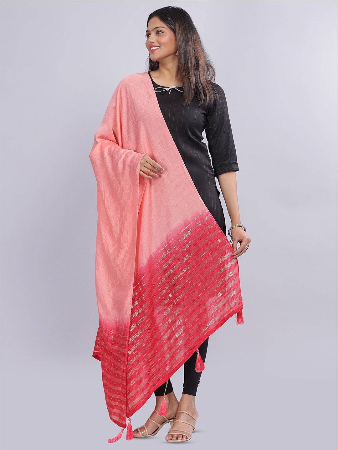 

Aanys Culture Striped Dupatta with Zari, Peach