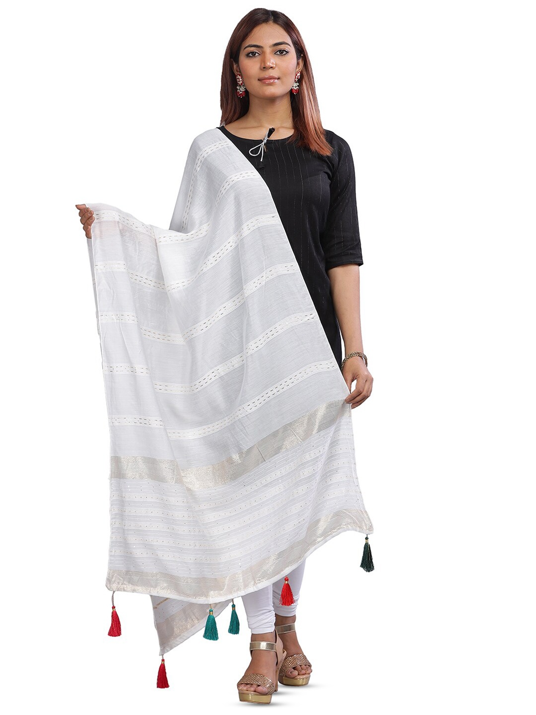 

Aanys Culture Striped Cotton Silk Chanderi Zari Dupatta, White