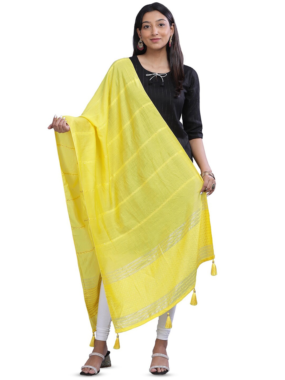 

Aanys Culture Striped Dupatta with Zari, Yellow