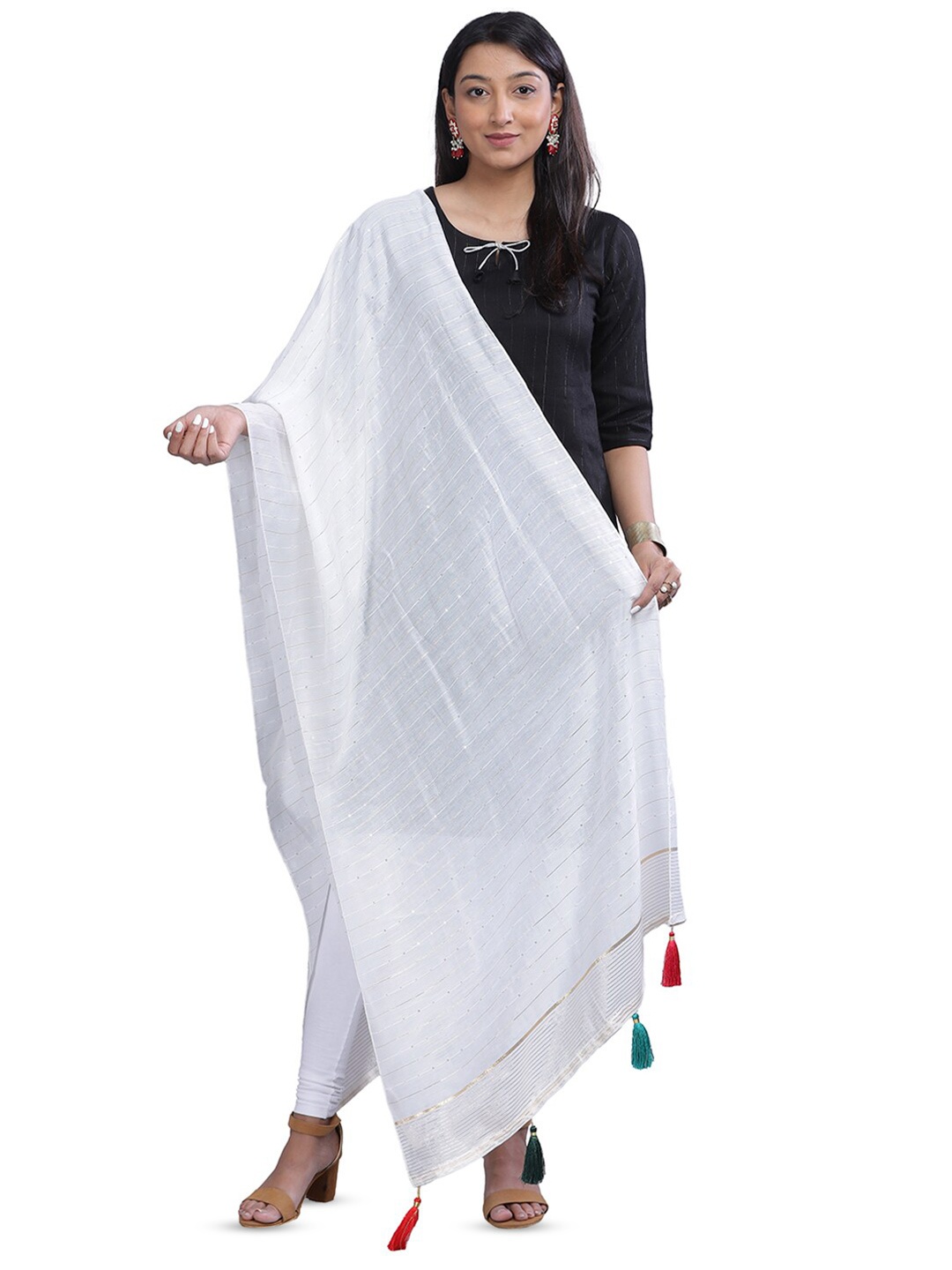 

Aanys Culture Striped Sequinned Cotton Silk Dupatta, White