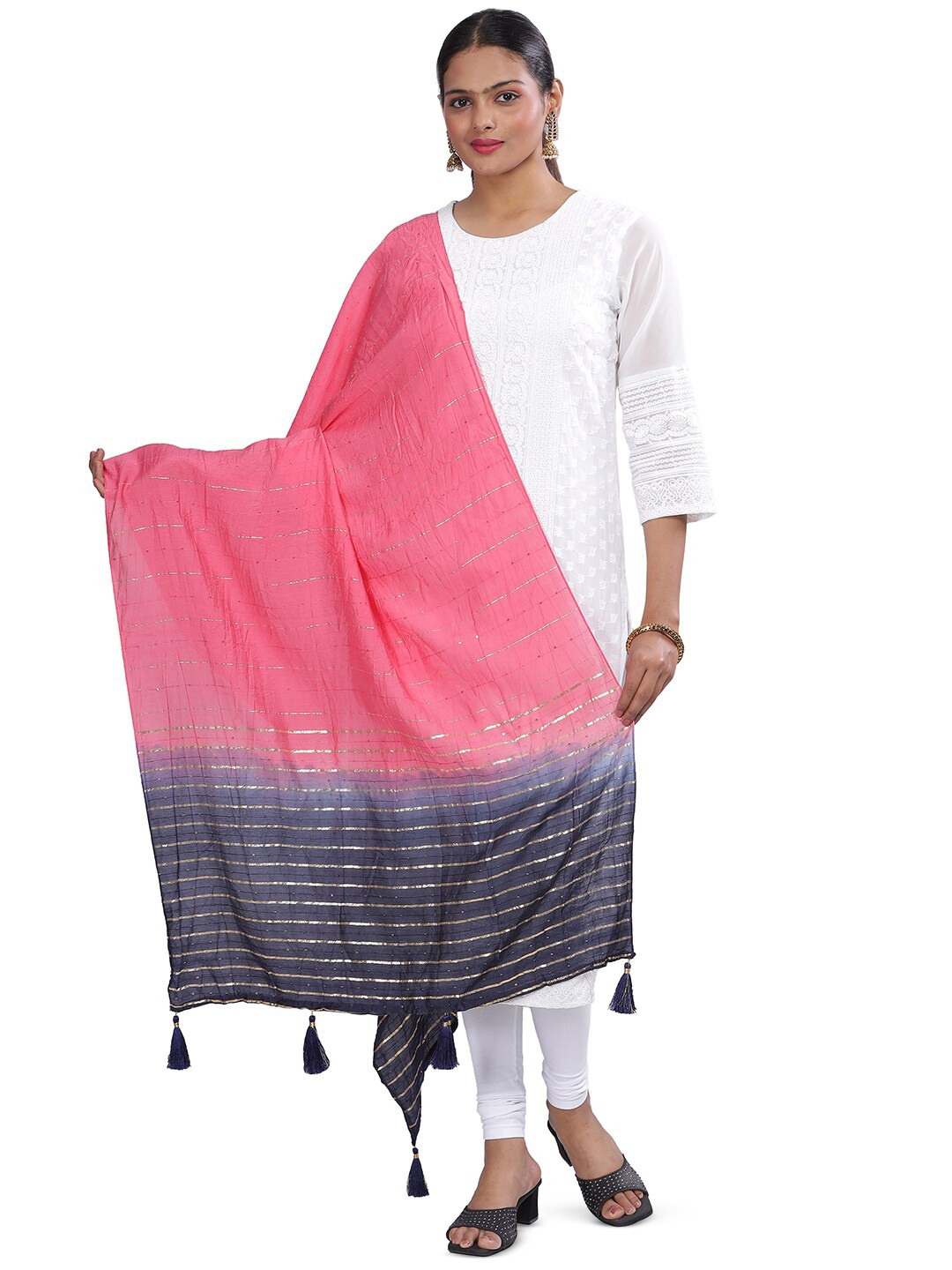 

Aanys Culture Striped Sequinned Detailed Cotton Silk Chanderi Dupatta, Peach