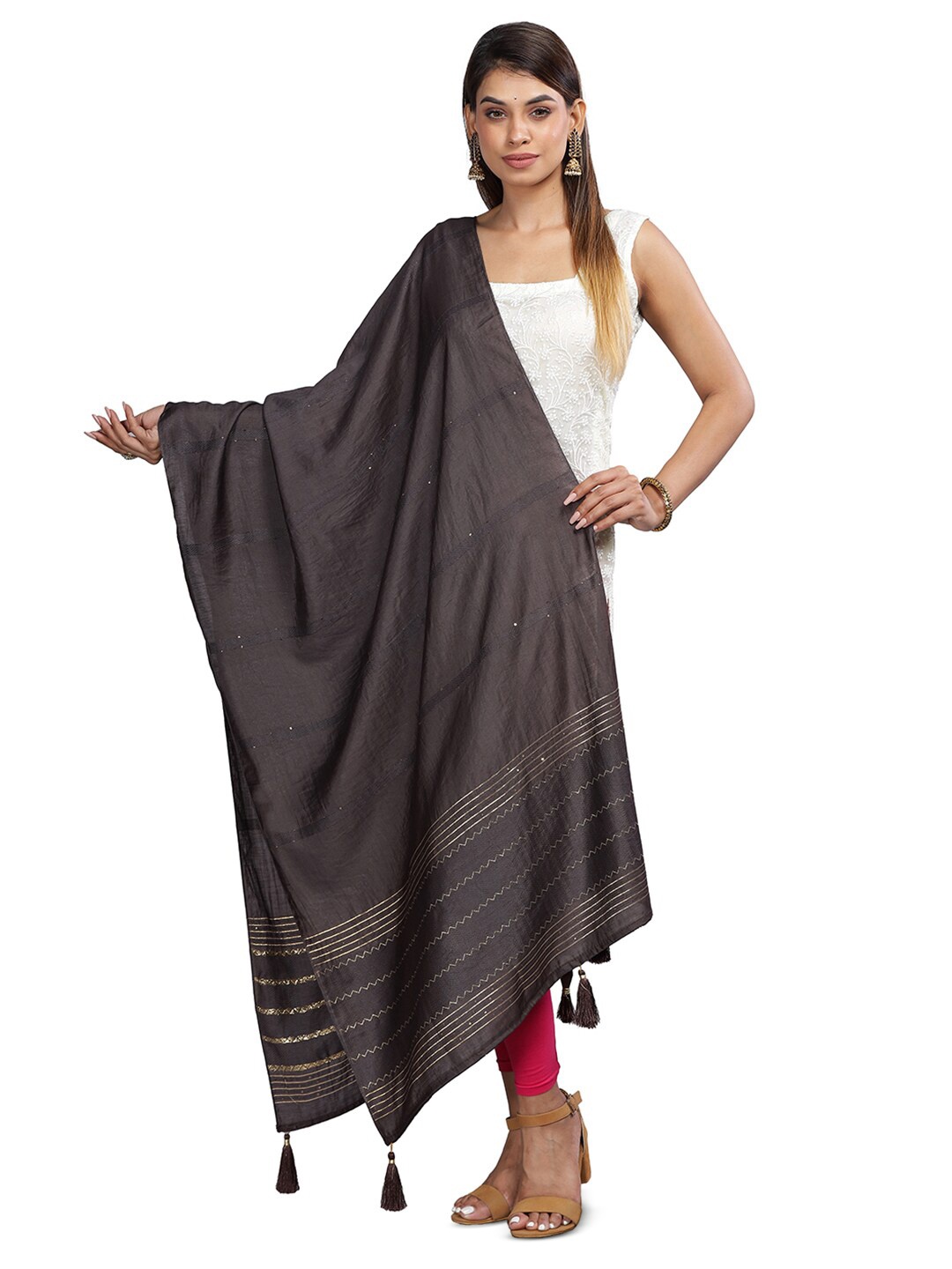

Aanys Culture Striped Dupatta with Sequinned, Coffee brown