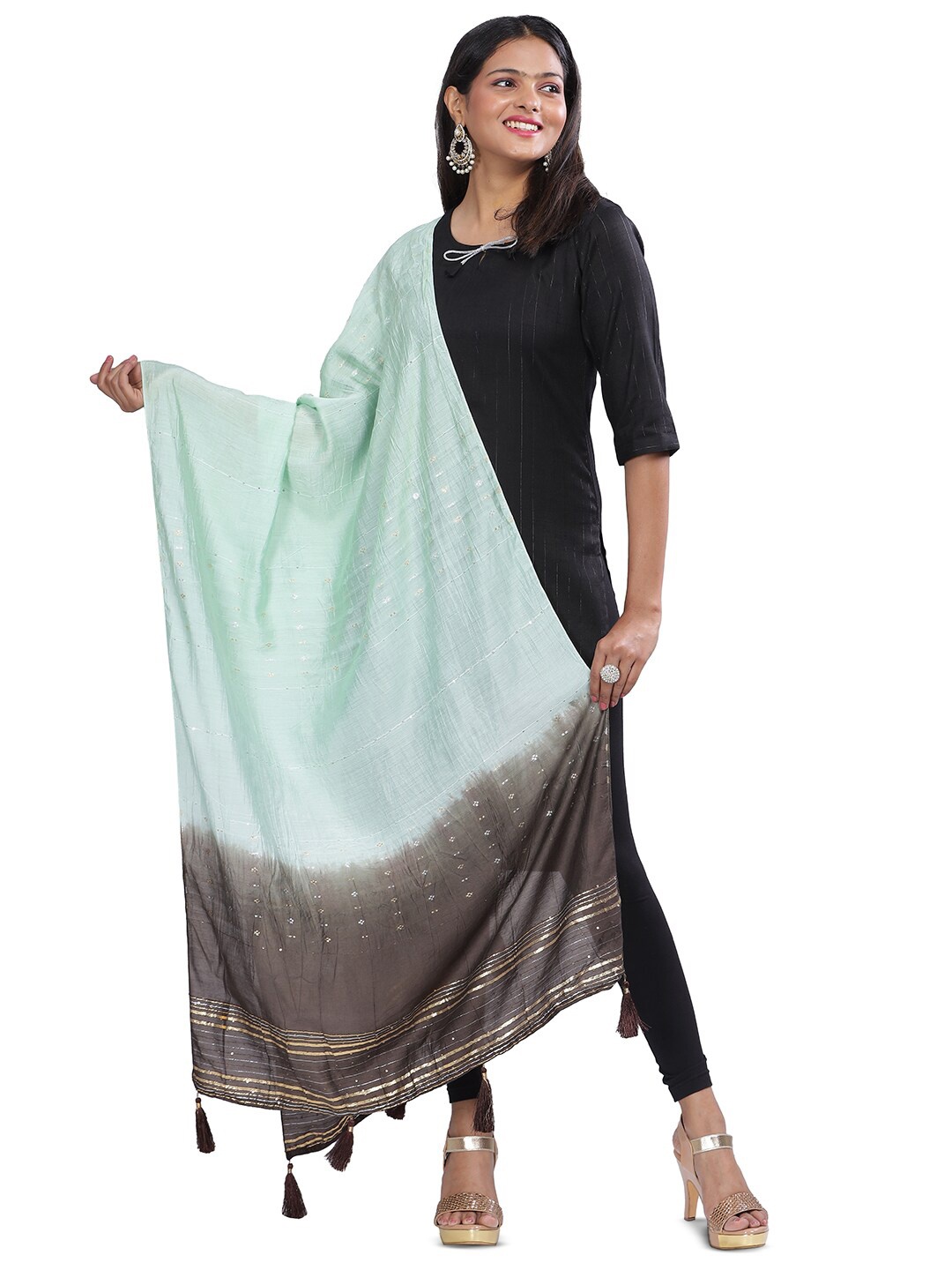 

Aanys Culture Striped Cotton Silk Dupatta with Zari, Green