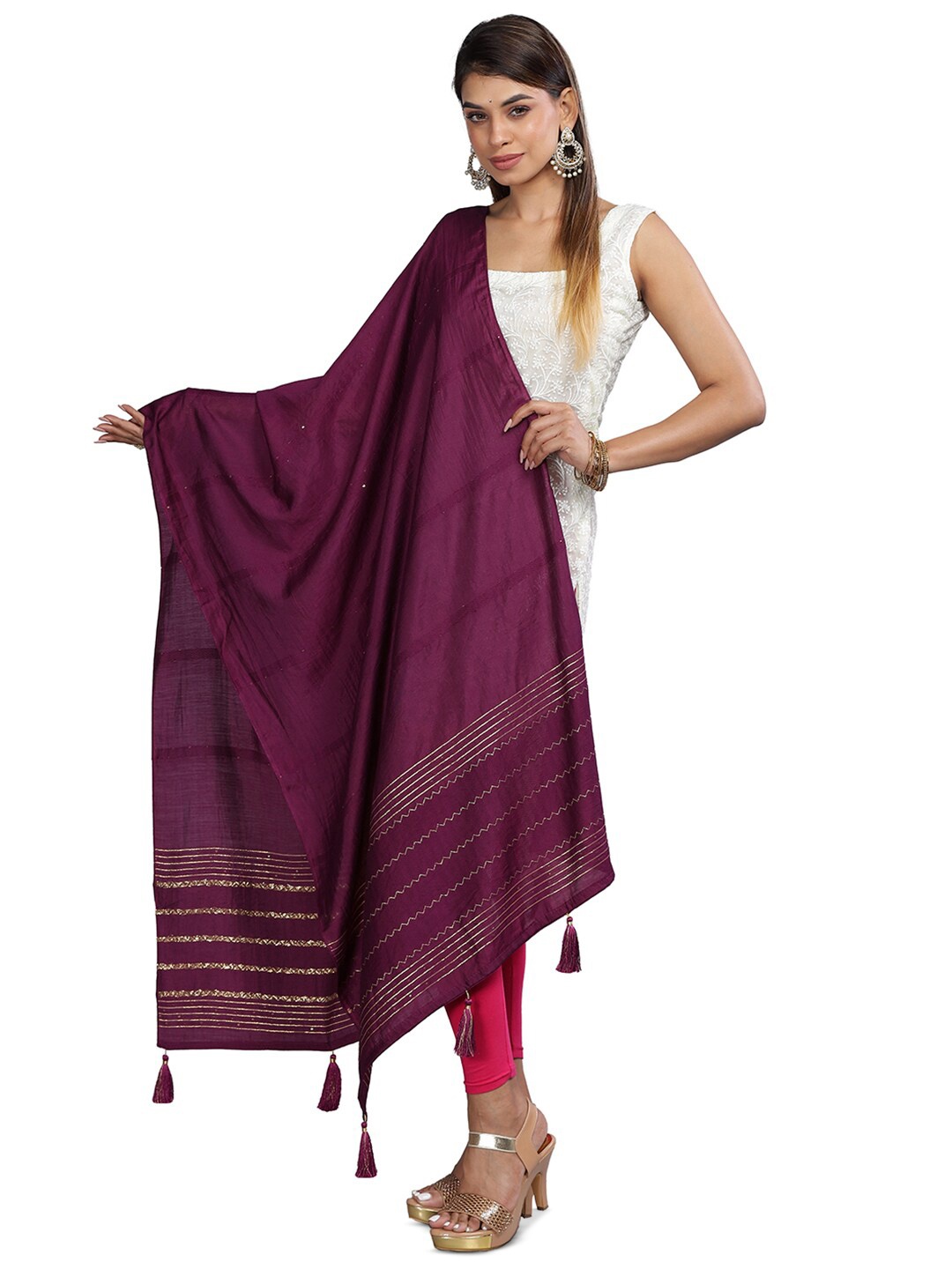 

Aanys Culture Striped Zari Cotton Silk Dupatta, Purple
