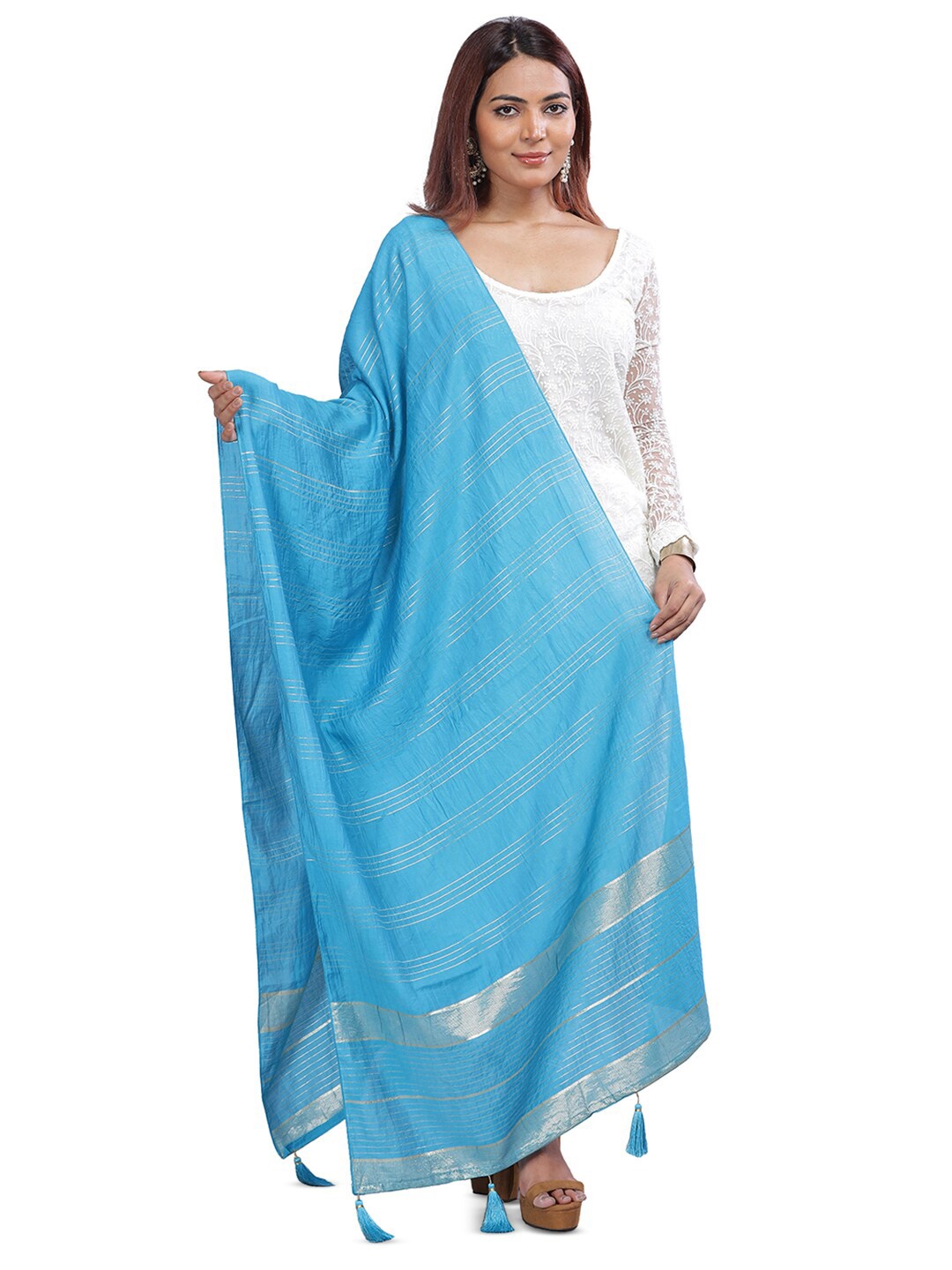 

Aanys Culture Striped Cotton Silk Dupatta with Zari, Blue