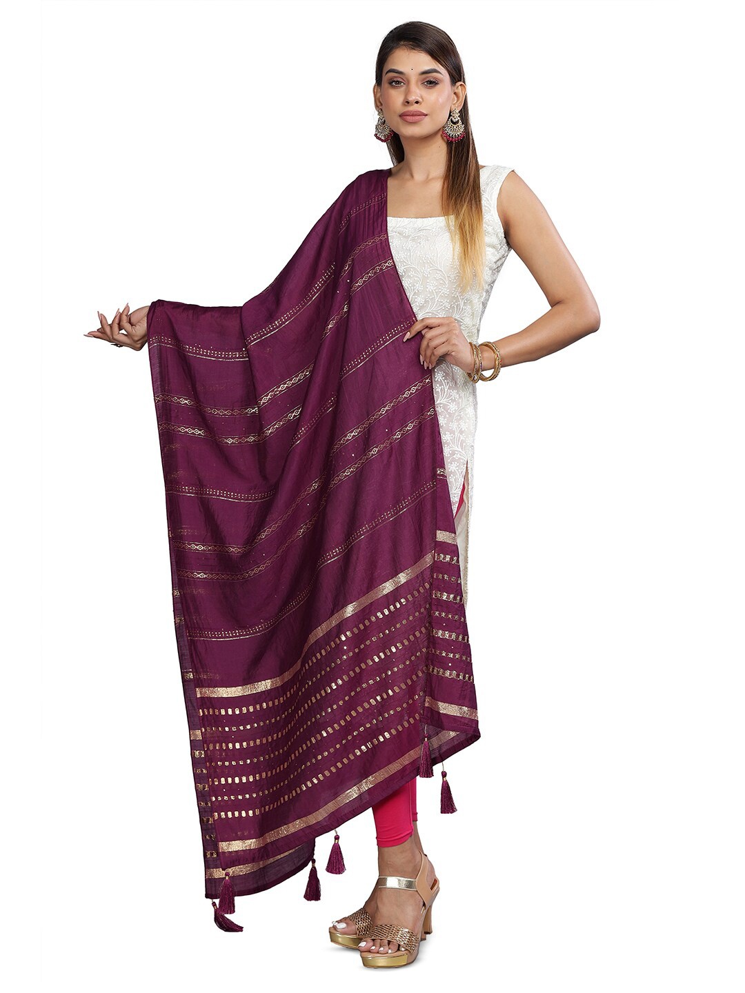 

Aanys Culture Striped Embellished Cotton Silk Dupatta, Purple