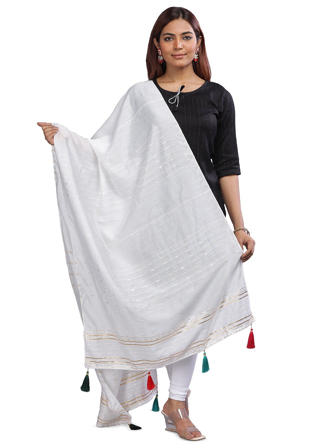 

Aanys Culture Woven Design Cotton Silk Dupatta with Zari, White