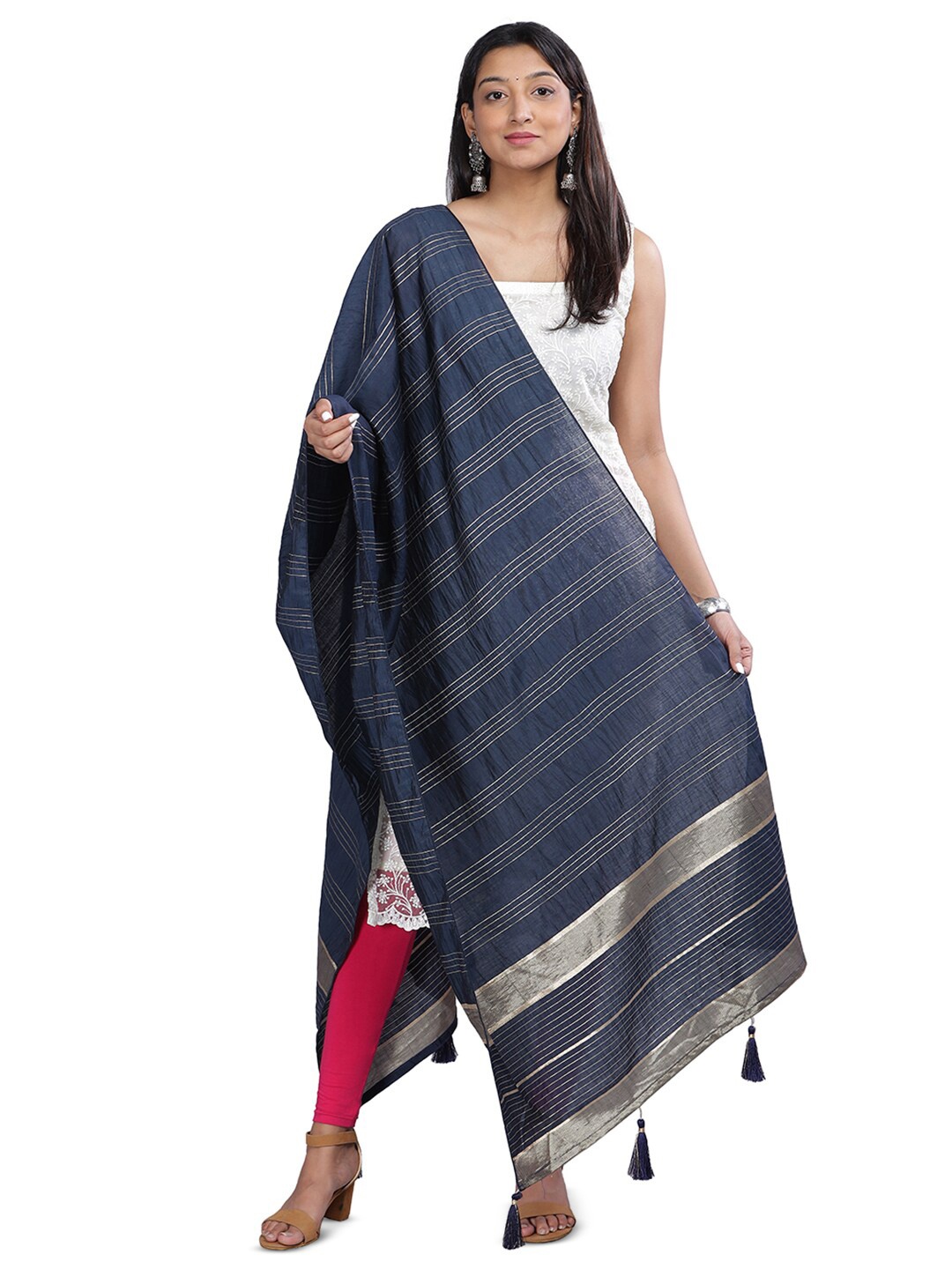 

Aanys Culture Striped Zari Detailed Cotton Silk Chanderi Dupatta, Navy blue