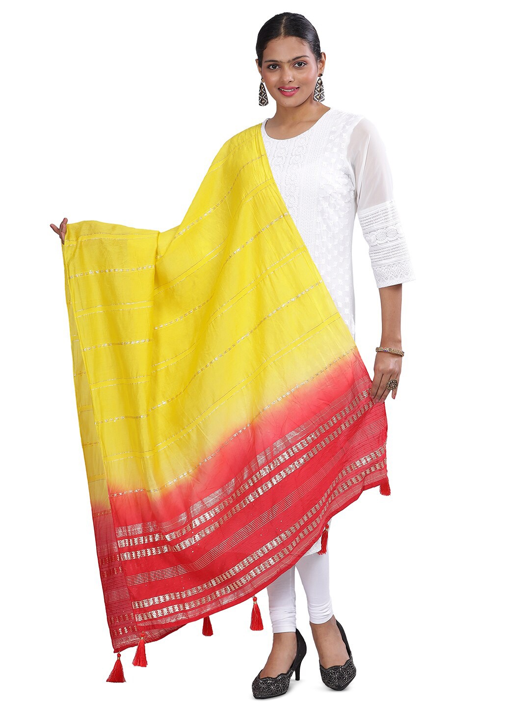 

Aanys Culture Striped Cotton Silk Dupatta with Zari, Yellow