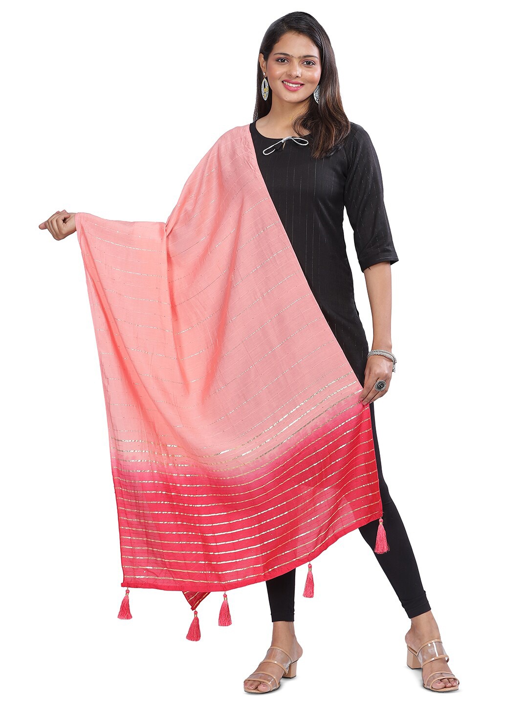 

Aanys Culture Striped Cotton Silk Dupatta with Zari, Peach