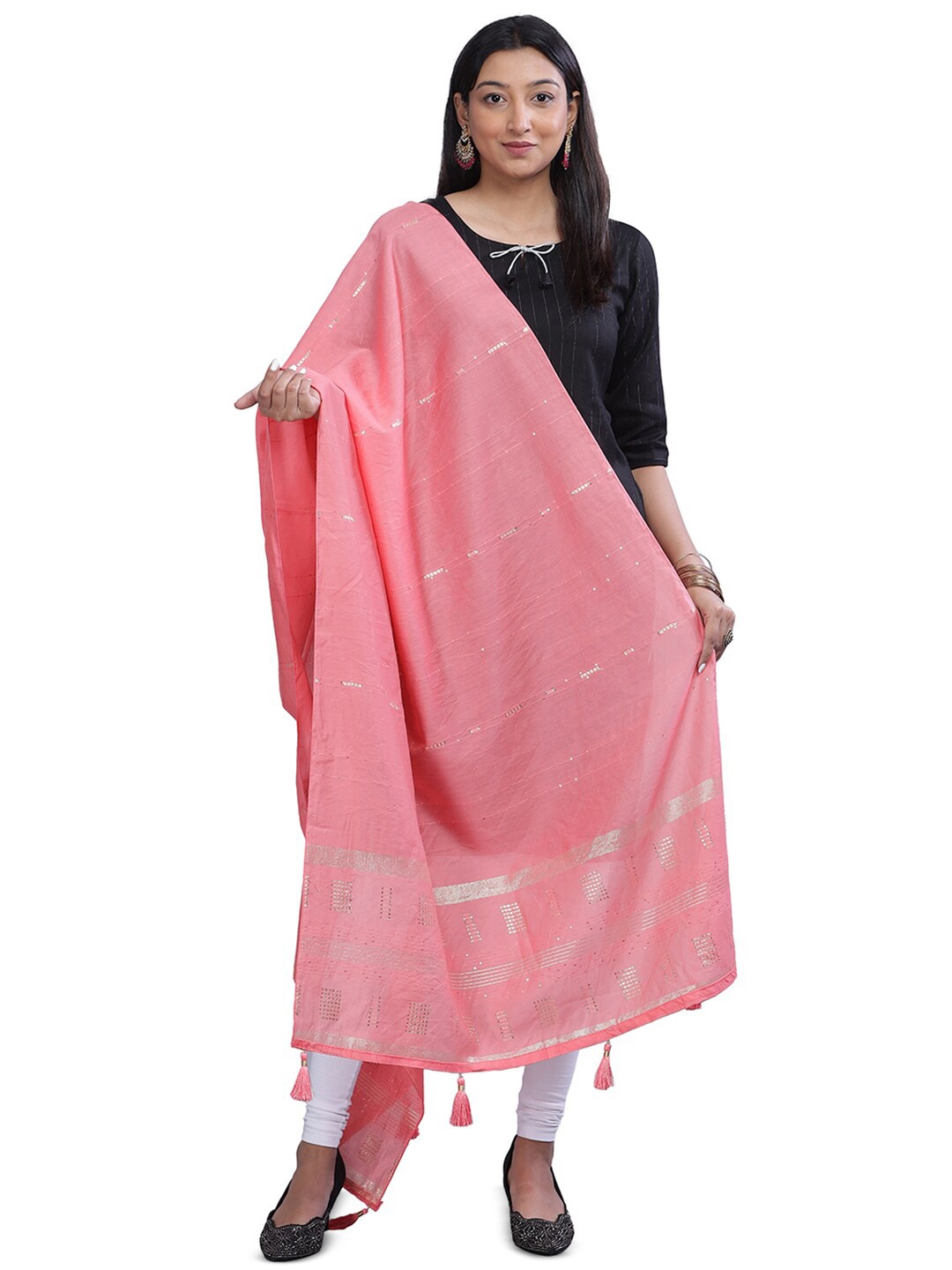 

Aanys Culture Striped Cotton Silk Dupatta with Zari, Pink