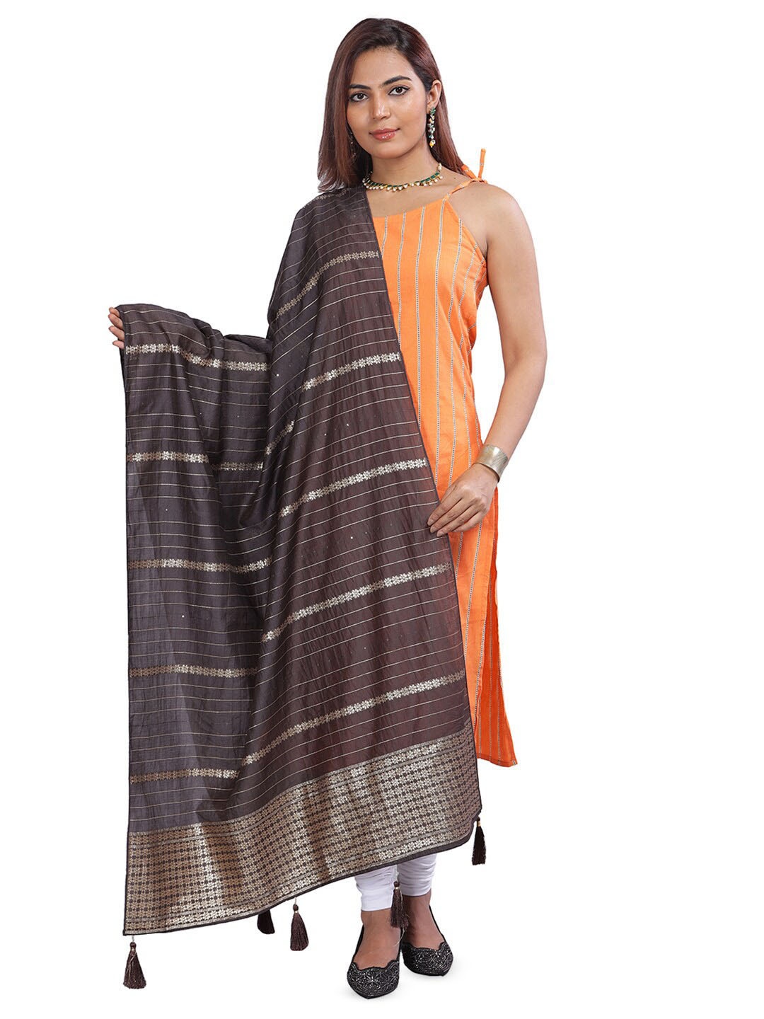 

Aanys Culture Striped Zari Dupatta, Coffee brown
