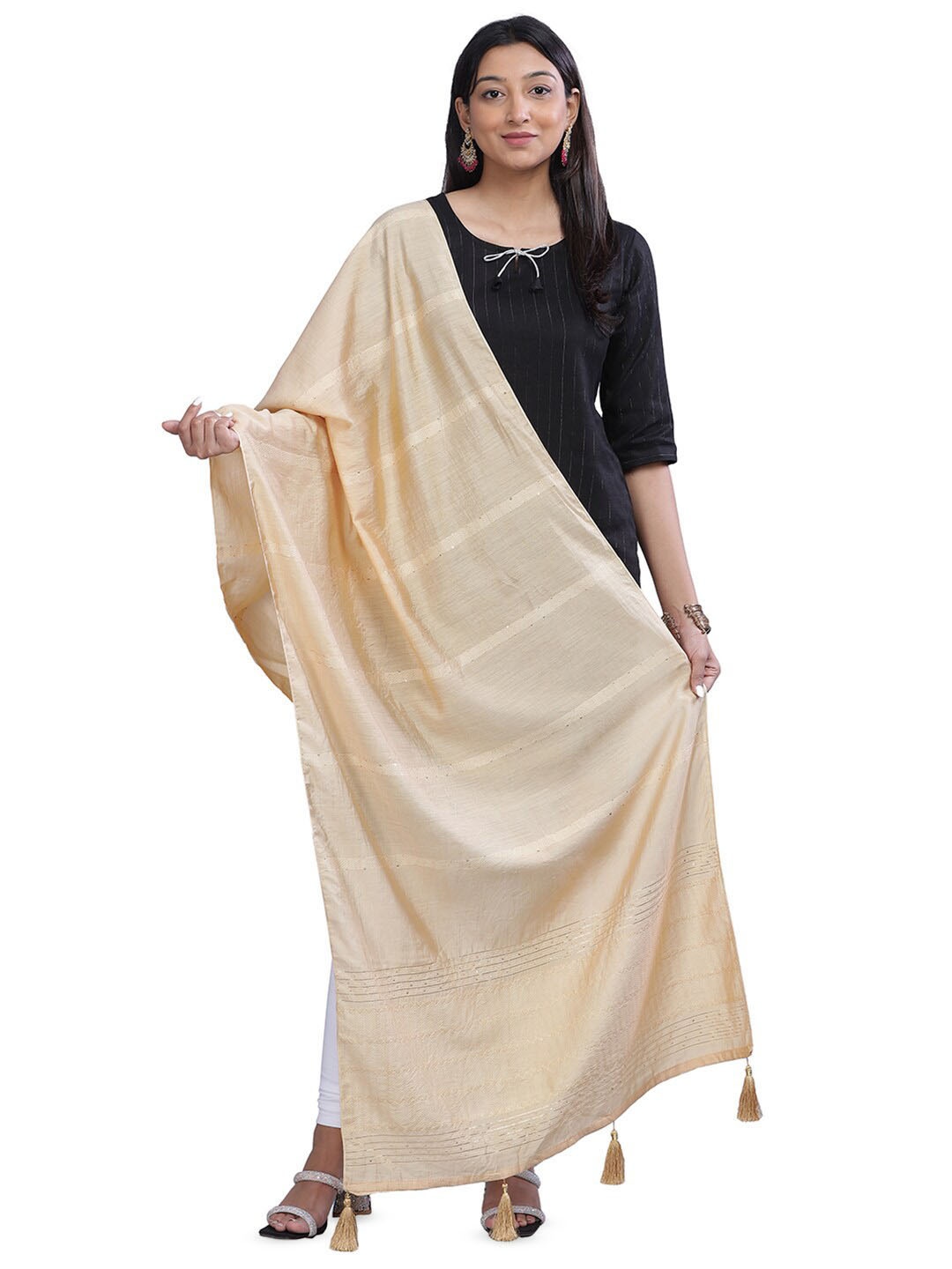 

Aanys Culture Striped Cotton Silk Dupatta, Cream