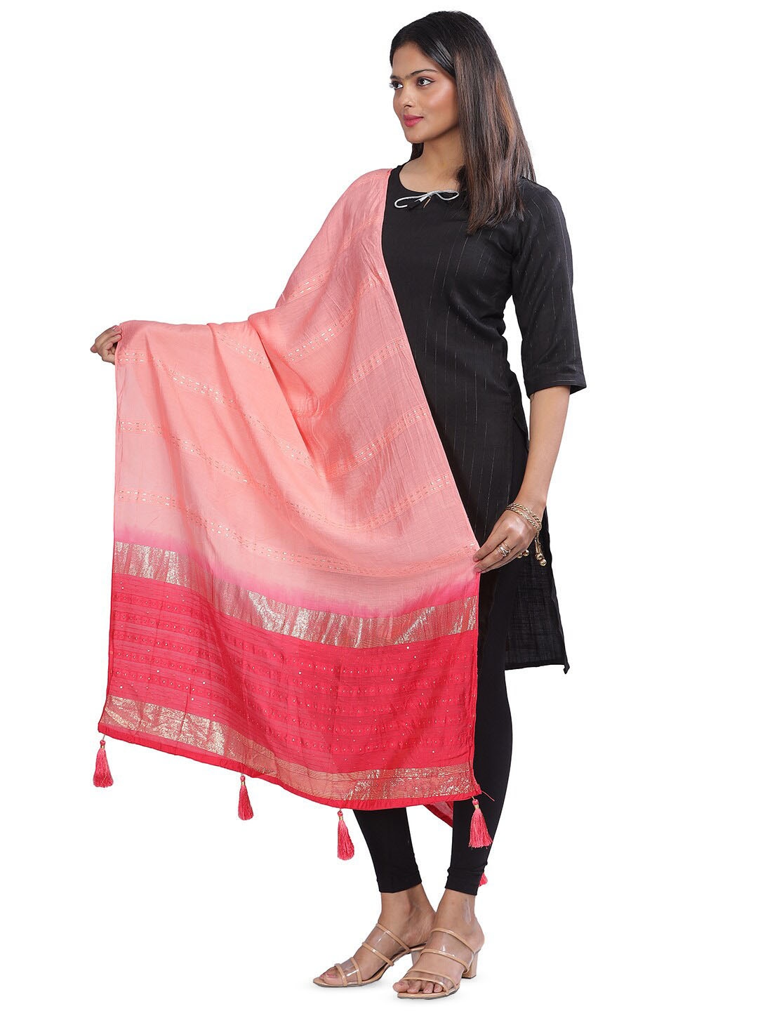 

Aanys Culture Woven Design Cotton Silk Dupatta with Zari, Pink