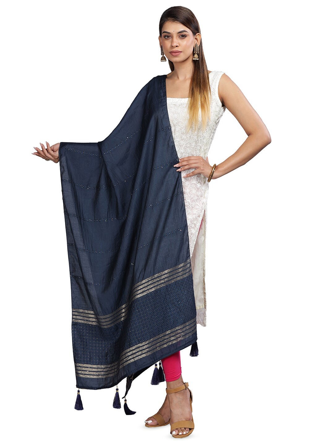 

Aanys Culture Striped Sequinned Detailed Cotton Silk Chanderi Dupatta, Navy blue