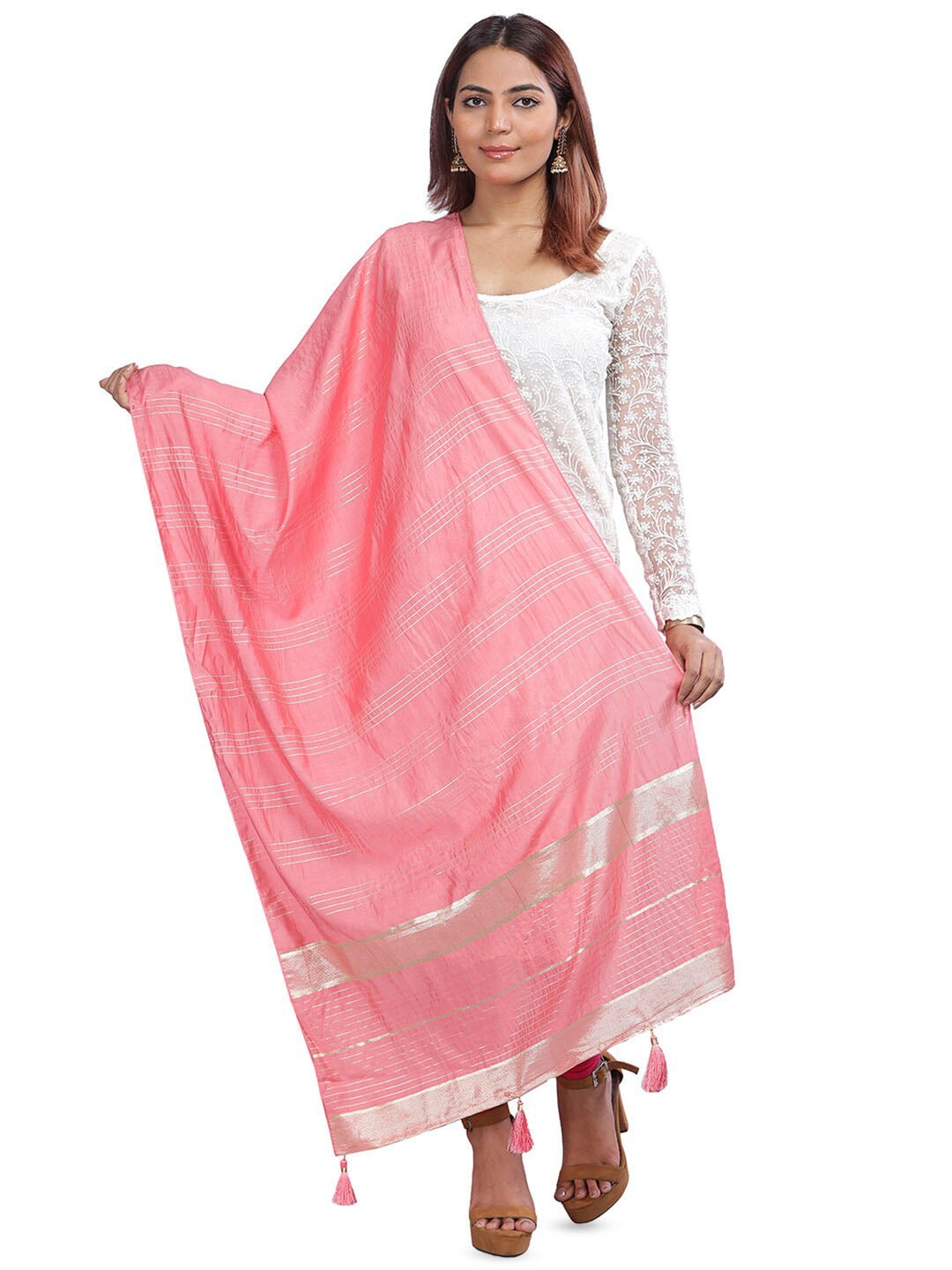 

Aanys Culture Striped Cotton Silk Chanderi Zari Dupatta, Pink