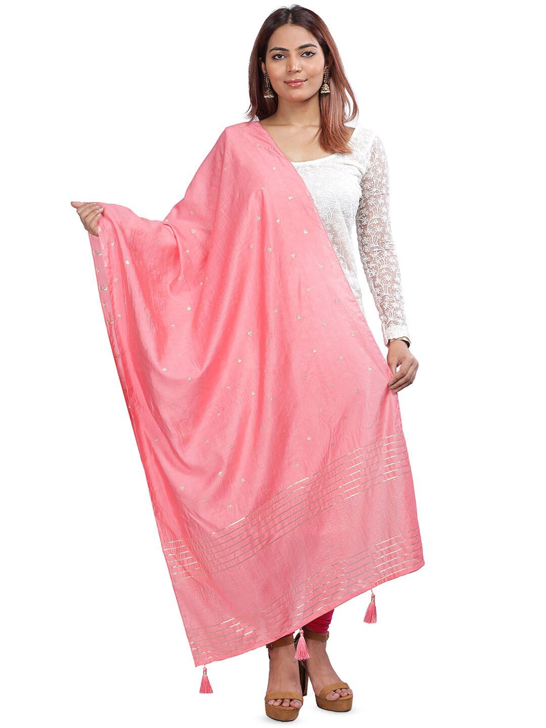 

Aanys Culture Ethnic Motifs Woven Design Zari Detailed Cotton Silk Chanderi Dupatta, Pink