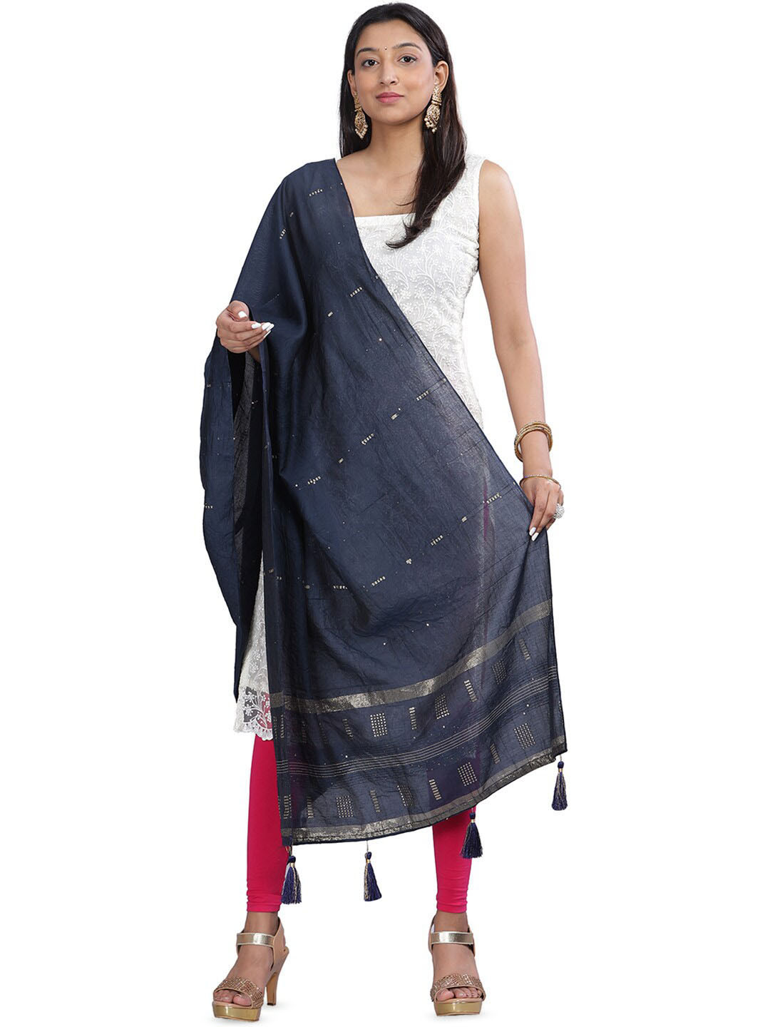 

Aanys Culture Striped Cotton Silk Dupatta with Zari, Navy blue